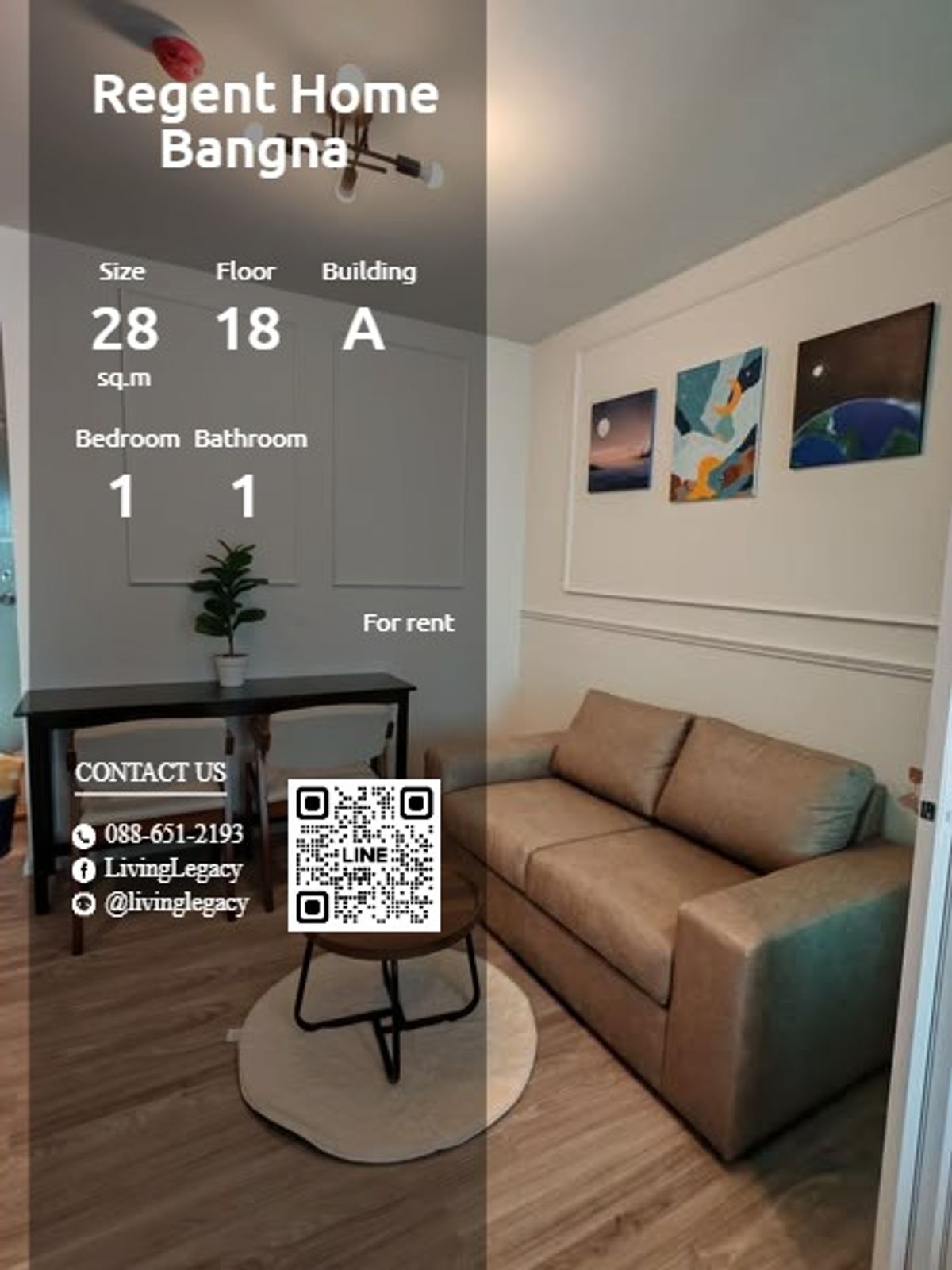 ให้เช่าคอนโดบางนา แบริ่ง ลาซาล : T2T9NX ให้เช่าคอนโด Regent Home Bangna 28 ตร.ม. ชั้น 18 ตึก A line id : @livinglegacy