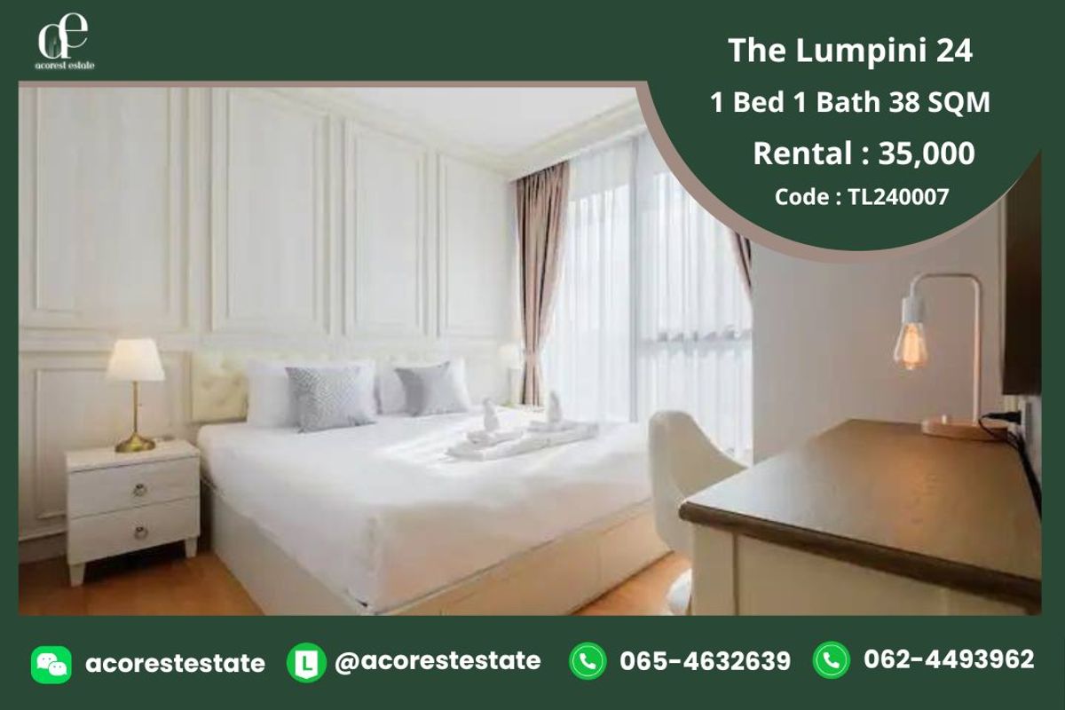 For RentCondoSukhumvit, Asoke, Thonglor : ✨🌷 For rent The Lumpini 24 ✨🌷 1 Bed 1 Bath  | Size 38 Sqm. | Floor 16 | Line : @acoresteatate