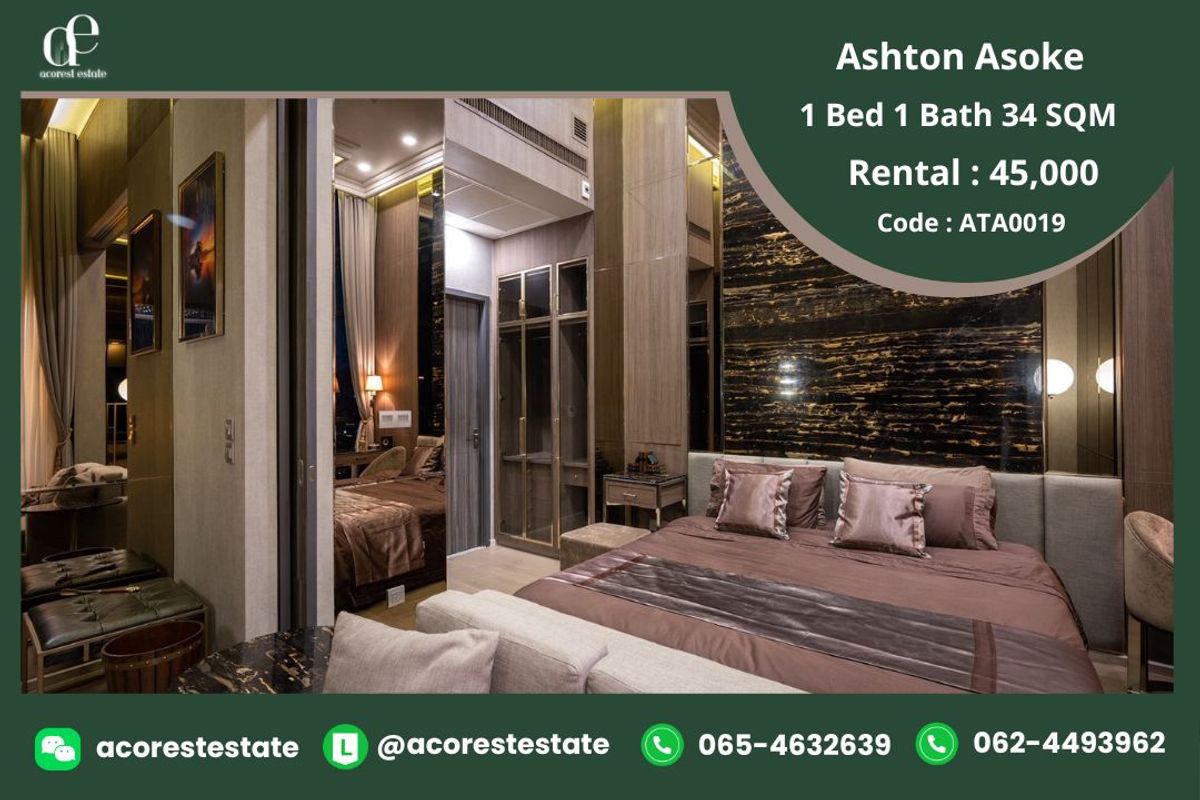 For RentCondoSukhumvit, Asoke, Thonglor : ✨🌷 For rent Ashton Asoke   ✨🌷 1 Bed | 1 Bath  | Size 34 Sqm. | Floor  50 | Line : @acoresteatate