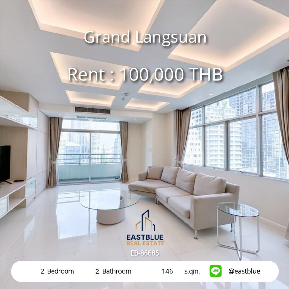 For RentCondoWitthayu, Chidlom, Langsuan, Ploenchit : Luxury 2 Bedroom Condo at Grand Langsuan – Prime BTS Chidlom Location! 
Spacious 146 sqm, Pool & Fitness – Rent 100,000 THB/Month!
