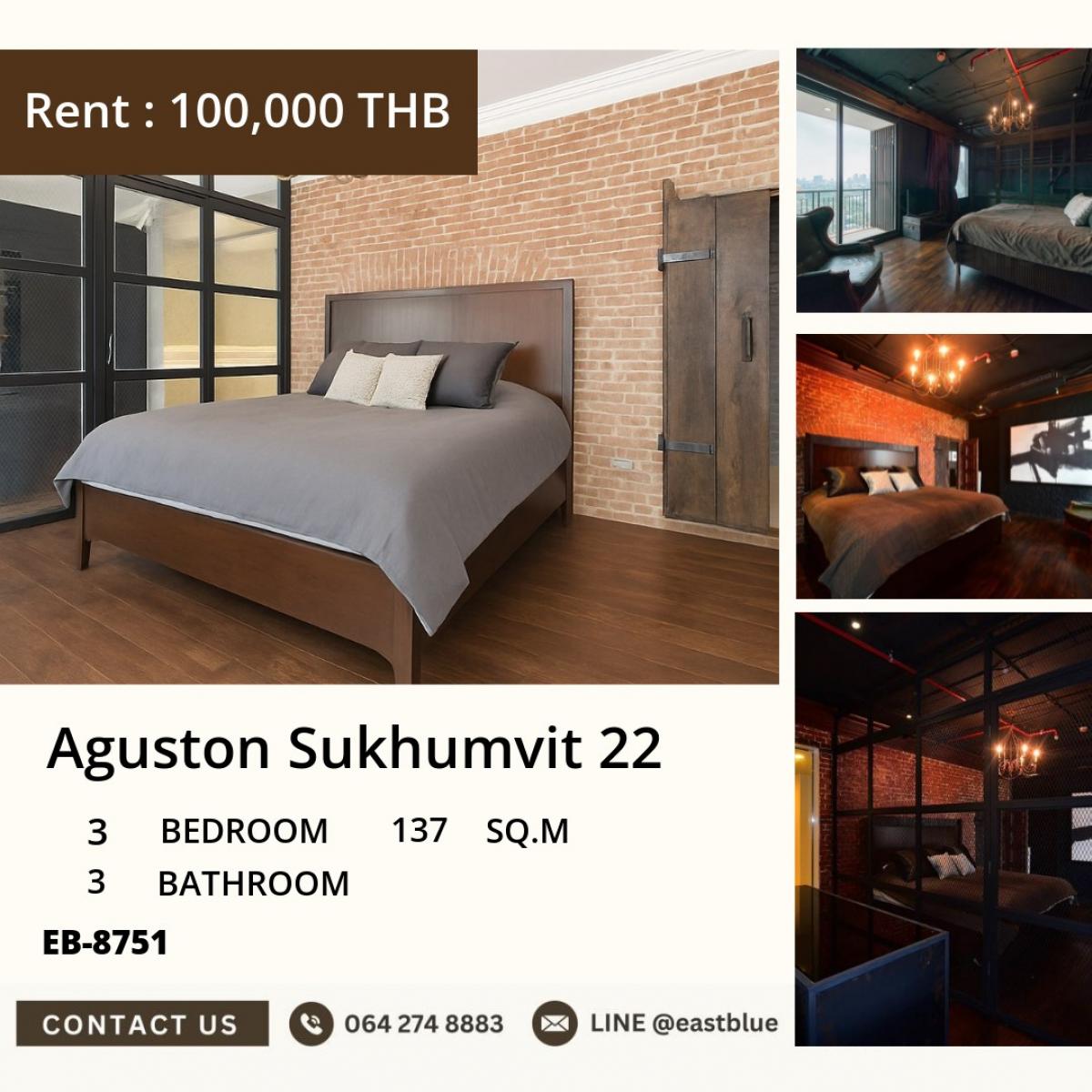 ให้เช่าคอนโดสุขุมวิท อโศก ทองหล่อ : 07/03/2026, Aguston Sukhumvit 22 3Bed/3Bath 137sqm พร้อมอยู่ ใกล้ BTS พร้อมพงษ์ 
เช่า 100,000 บาท/เดือน สิ่งอำนวยความสะดวกครบ ลงตัวทุกไลฟ์สไตล์!