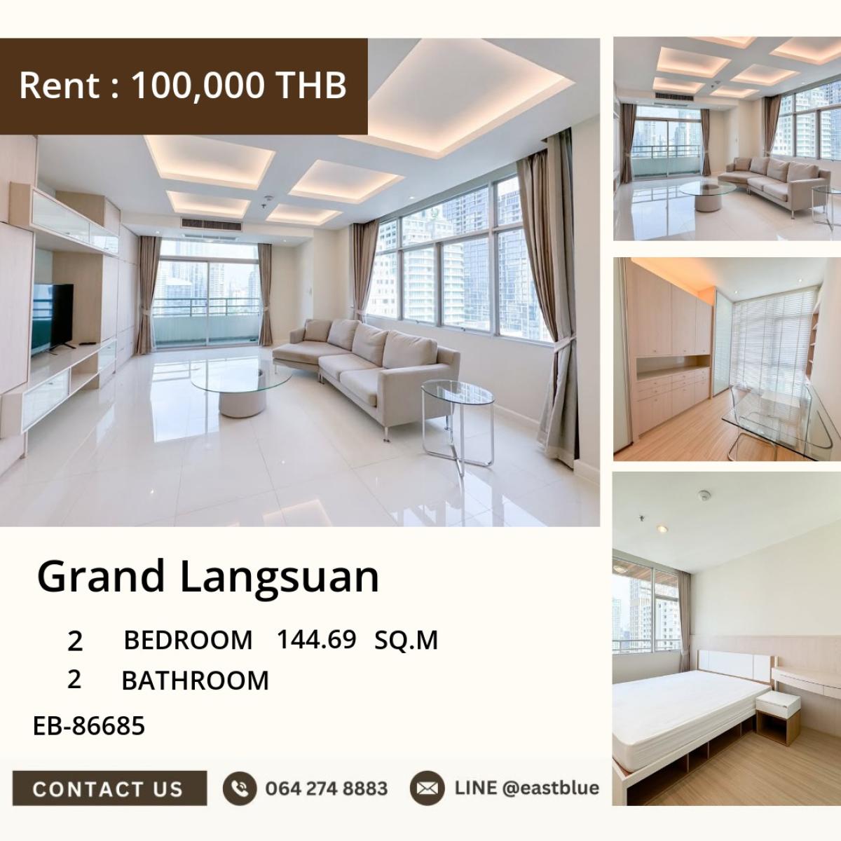 For RentCondoWitthayu, Chidlom, Langsuan, Ploenchit : 03/04/2026, Luxury in the heart of the city! 2-bedroom Grand Langsuan near BTS Chit Lom
Spacious area of 144 sqm with swimming pool and fitness. Rent price 100,000 THB/month 0642748883
