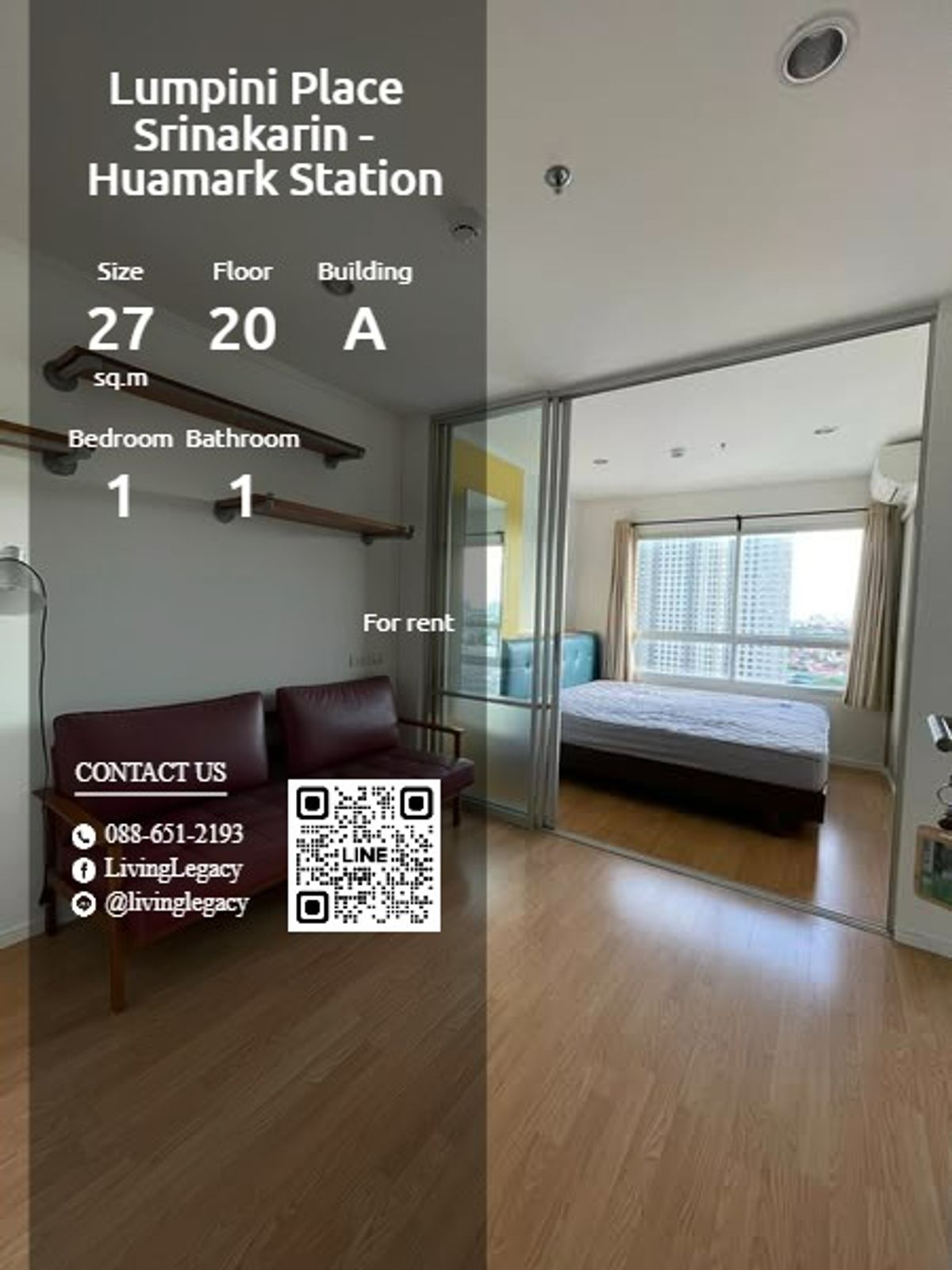 ให้เช่าคอนโดพัฒนาการ ศรีนครินทร์ : T2WZDG ให้เช่าคอนโด Lumpini Place Srinakarin - Huamark Station 27 ตร.ม. ชั้น 20 ตึก A line id : @livinglegacy