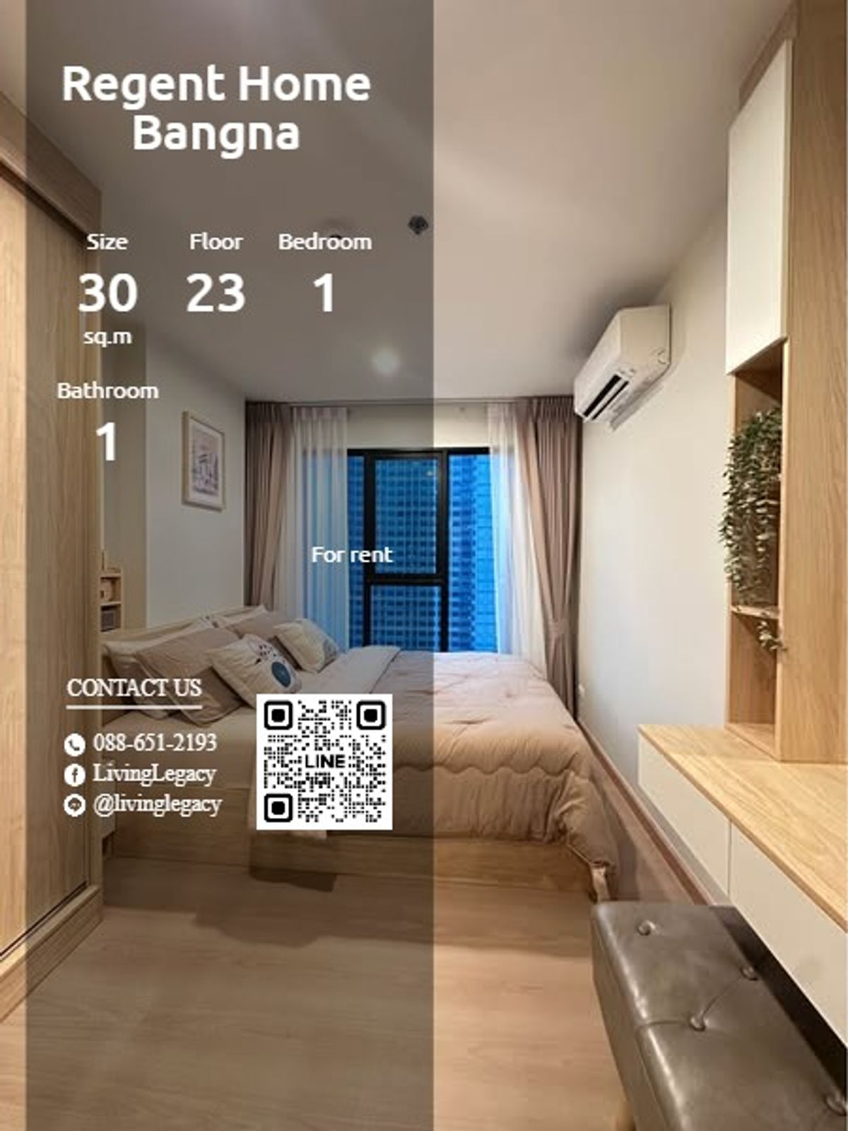 ให้เช่าคอนโดบางนา แบริ่ง ลาซาล : T2YU1Y ให้เช่าคอนโด Regent Home Bangna 30 ตร.ม. ชั้น 23 line id : @livinglegacy