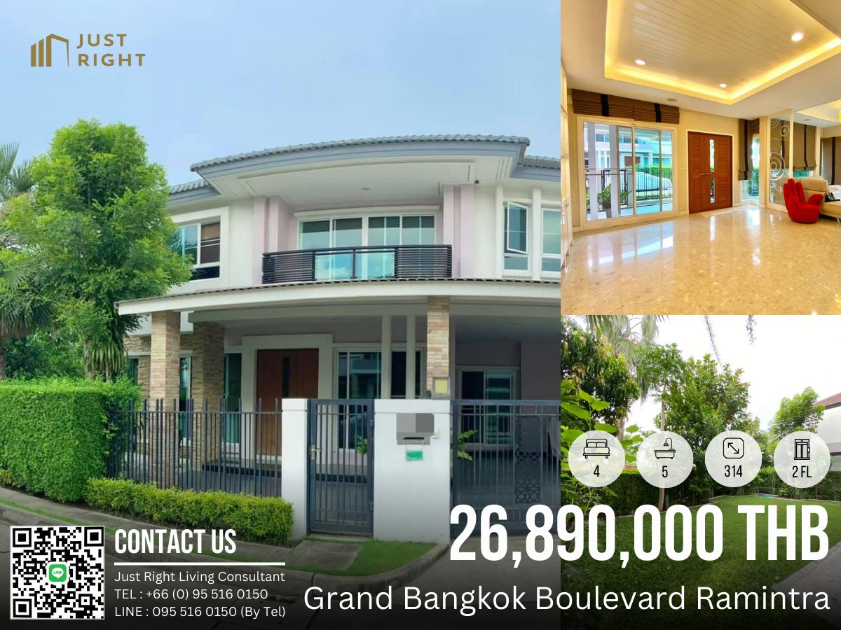 ขายบ้านเกษตร นวมินทร์ ลาดปลาเค้า : ขาย Grand Bangkok Boulevard Ramintra 4 ห้องนอน 5 ห้องน้ำ 314 ตรม. / 96 ตรว. 2 ชั้นตกแต่งสวย เฟอร์ครบ ราคาเพียง 26.89 ล้านบาท *ค่าธรรมเนียมการโอนฯ 2% (ผู้ซื้อและผู้ขายชำระคนละครึ่ง)*
