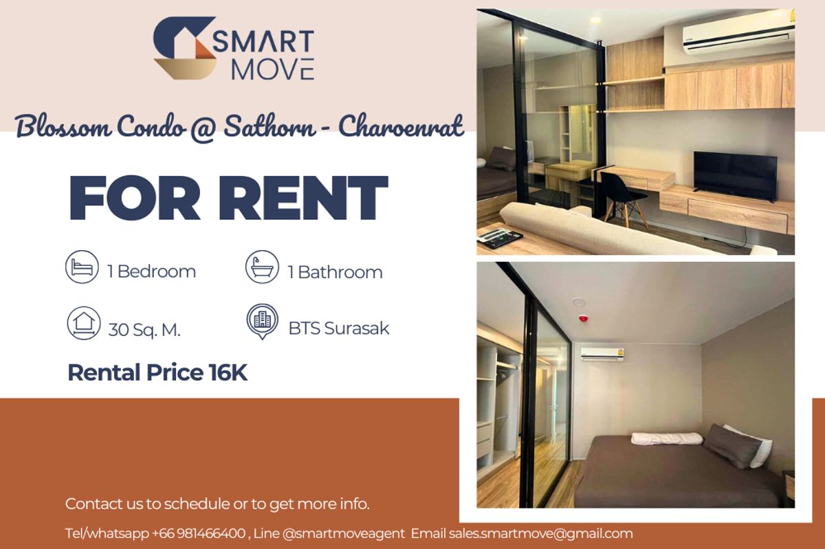 ให้เช่าคอนโดสาทร นราธิวาส : 🔥 สำหรับเช่า !!🔥 Code C20250900038..........Blossom Condo @ Sathorn - Charoenrat, 1 ห้องนอน, 1 ห้องน้ำ, แต่งครบ, พร้อมเข้าอยู่📣📣