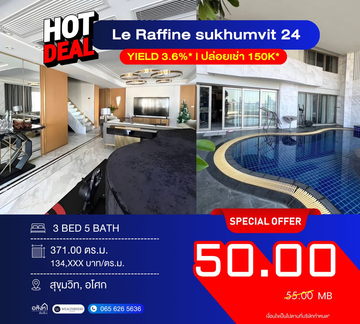 For SaleCondoSukhumvit, Asoke, Thonglor : ✨ Penthouse with a luxurious home atmosphere in the heart of Sukhumvit with a private swimming pool in every room ✨ 📞 092-690-5445 Le Raffine Sukhumvit 24 | Duplex 371 sq.m. 🏊‍♂️ Special sale price 50 MB
