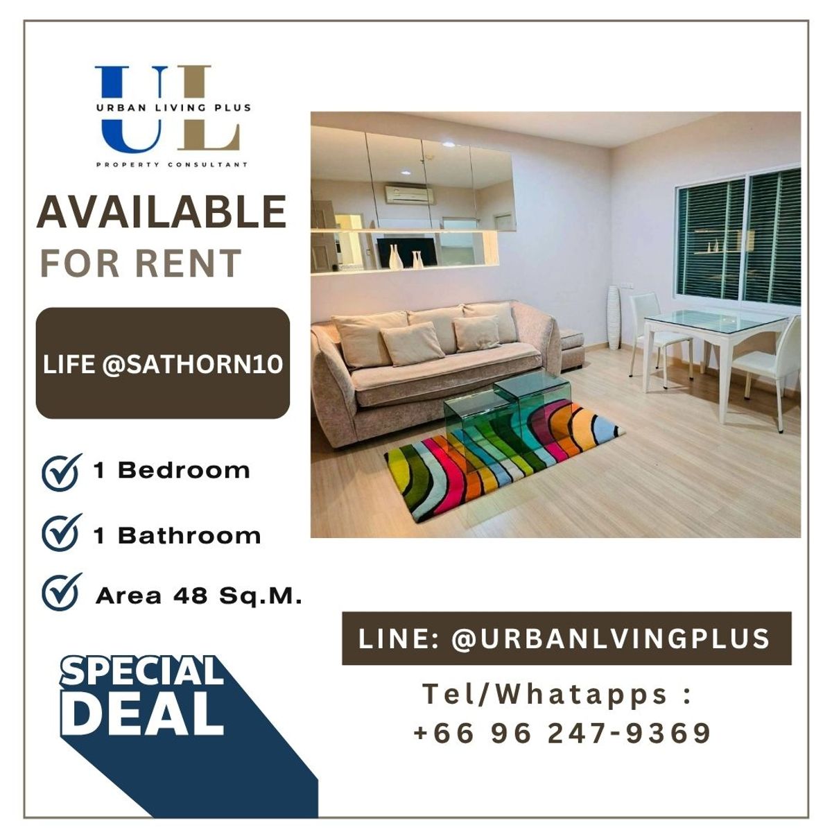 For RentCondoSathorn, Narathiwat : ( UL2508114 ) Tel/Line 096-2479369,  FOR RENT LIFE@SATHORN SOI 10, 1 bedroom , 1 bathroom , 48 SQ.M., Nice room , Ready to move in 💥💥