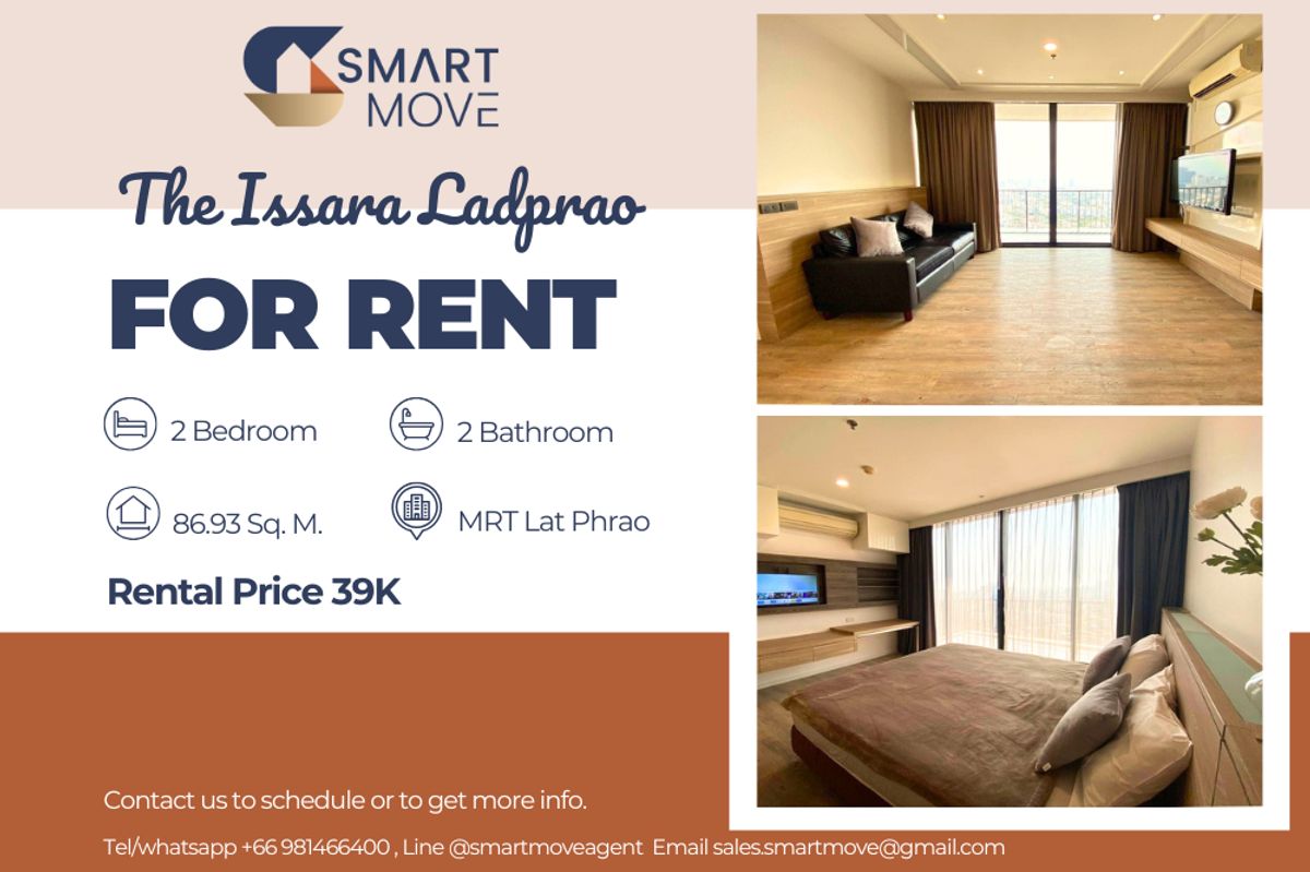 For RentCondoLadprao, Central Ladprao : 🔥 For Rent !! South Facing, high floor 26++, Corner room, Two balconies!! 🔥 Code C20250900056..........The Issara Ladprao, 2 bedroom, 2 bathroom, furnished, ready to move in📣📣