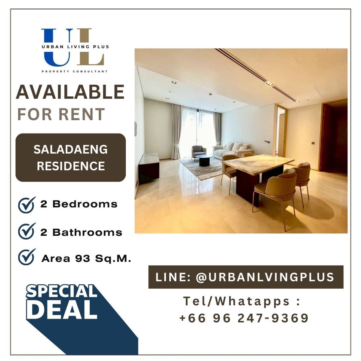 For RentCondoSilom, Saladaeng, Bangrak : ( UL2509241 ) Tel/Line 096-2479369 , FOR RENT SALADAENG RESIDENCES, 2 bedrooms, 2 bathrooms, 94Sq.M., New room, furnished, Special Deal!!