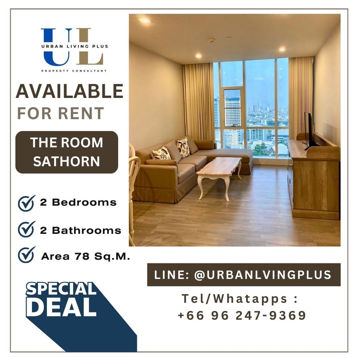 For RentCondoSathorn, Narathiwat : ( UL2412191 ) Tel/Line 096-2479369, FOR RENT, The Room Sathorn, 2 bedrooms, 2 bathrooms, Size 78 Sq.M., Nice room, special price !!! 🔥🔥