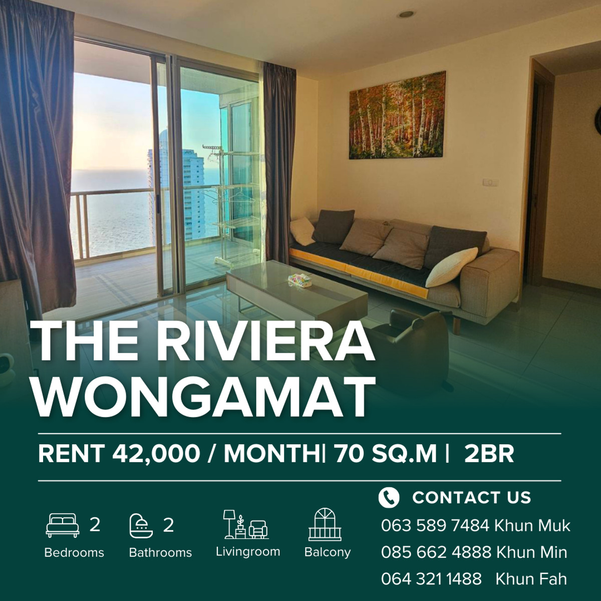 For RentCondoPattaya, Bangsaen, Chonburi : 🔥 For Rent 2 Bedroom 2 Bathroom - The Riviera Wongamat Condo, Pattaya 🔥 💰 42,000 THB/Month | 70 SQ.M. | 28th Floor | Sea View 🌊