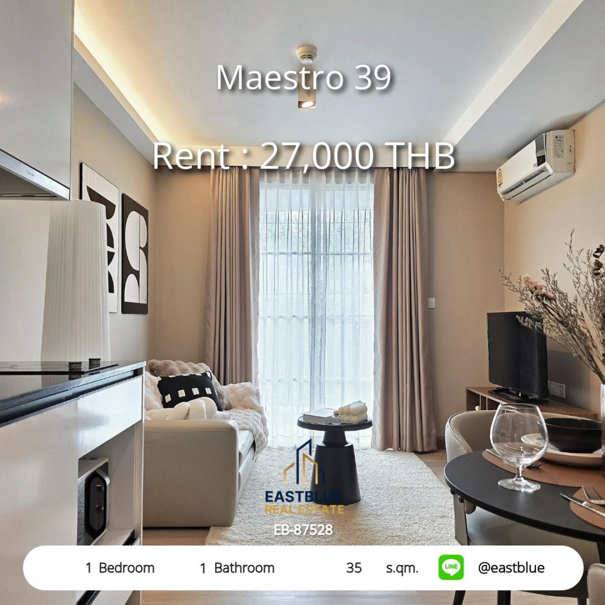For RentCondoSukhumvit, Asoke, Thonglor : เช่า Maestro 39 ห้อง 1 นอน ใกล้ BTS พร้อมพงษ์ 
ราคาสุดคุ้ม 27,000 บ./ด. พร้อมสิ่งอำนวยความสะดวกครบ!