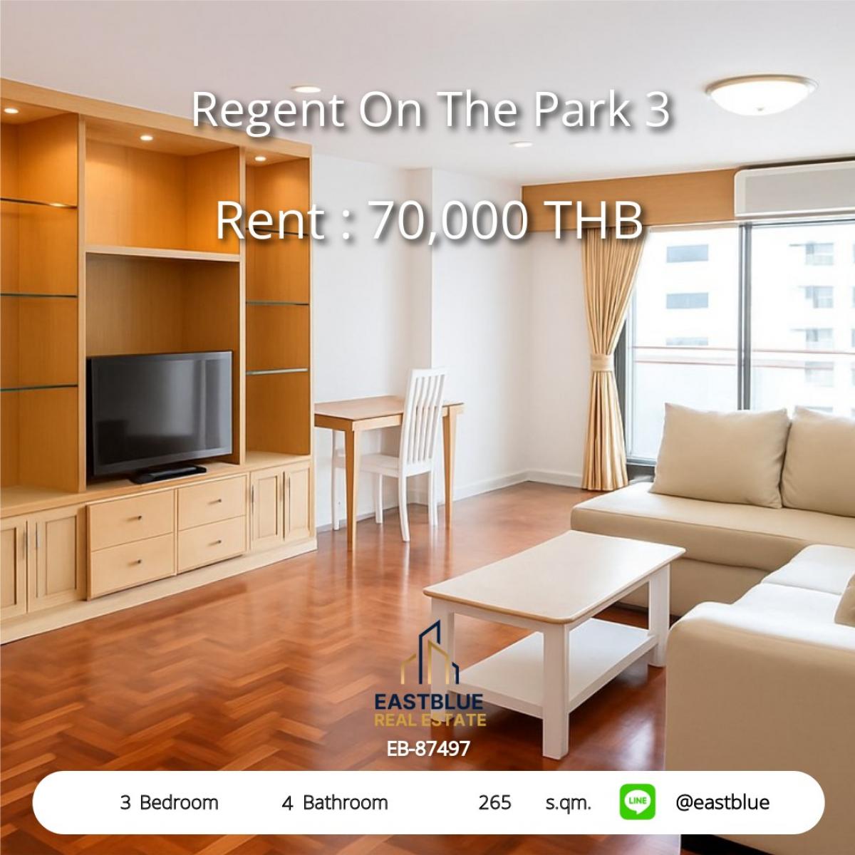 ให้เช่าคอนโดสุขุมวิท อโศก ทองหล่อ : Luxury 3-Bed Regent On The Park 3 Condo for Rent 
Spacious 265 sqm Near Phrom Phong BTS – 70,000 THB/Month!