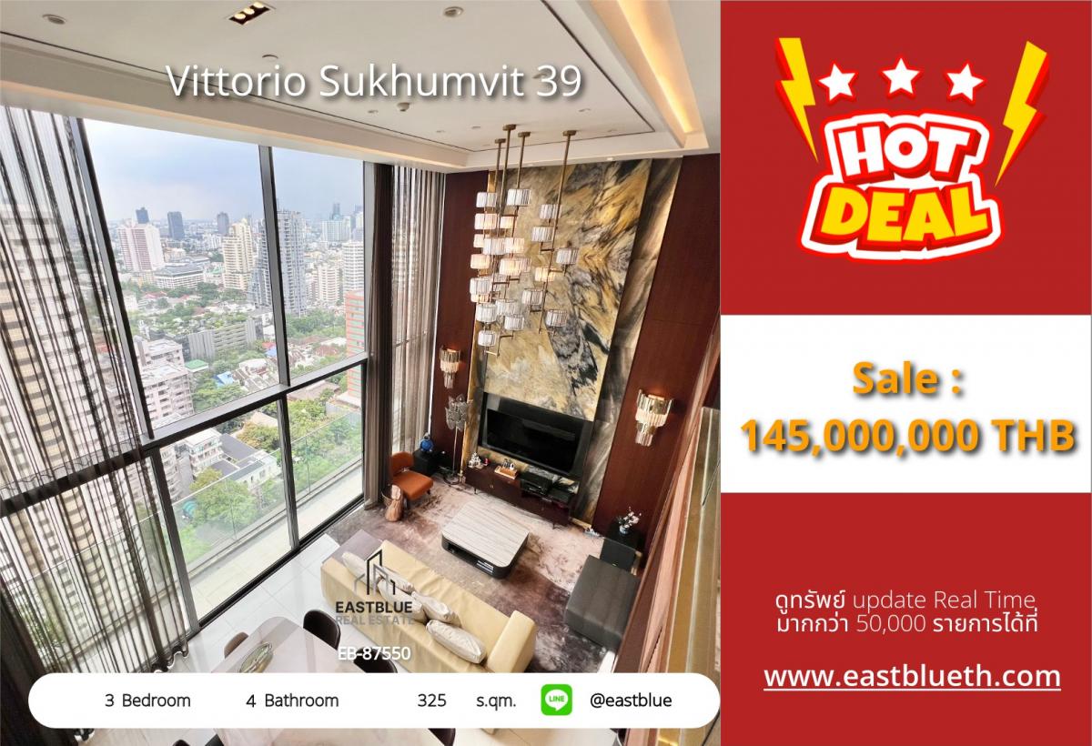 For SaleCondoSukhumvit, Asoke, Thonglor : Actual price includes expenses, the ultimate in luxury living, Vittorio Sukhumvit 39, 3 bedrooms, 325 sq m. 
Near BTS Phrom Phong, price 145 million, worth every square meter!
