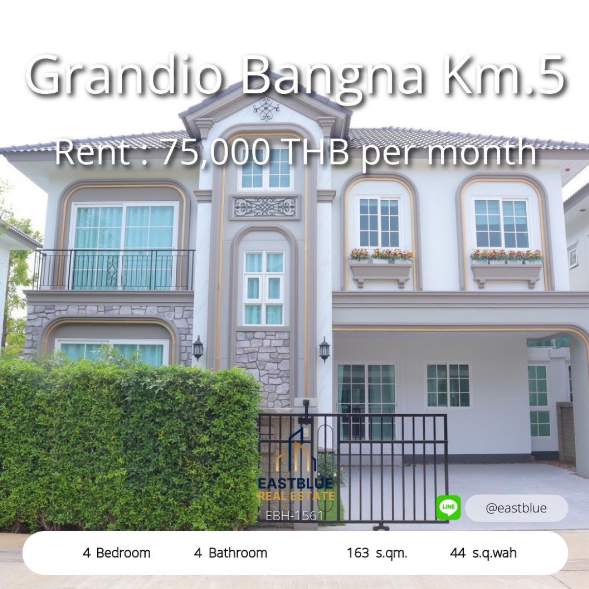 For RentHouseSamut Prakan,Samrong : Baan Grandio Bangna, 4 bedrooms, ready to move in, near Mega Bangna. 
Grandio Bangna 4 Beds Ready to Move In Near Mega Bangna

Luxury rental 77,000 baht/month, next to the expressway and BTS Yellow Line. 
Rent Luxury 77,000 THB/Mo Near Expressway & BTS Ye