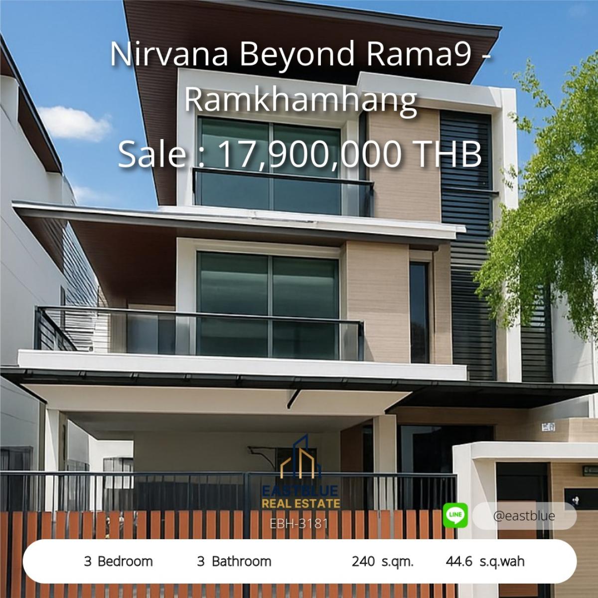 For SaleHousePattanakan, Srinakarin : Single house Nirvana Beyond Rama 9 - Ramkhamhaeng, prime location, extremely convenient travel. Nirvana Beyond Rama 9 - Ramkhamhang: Prime Location, Easy Commute House with 3 bedrooms, 3 bathrooms, fully furnished, price 18.9 million. 3 Bed 3 Bath Ful