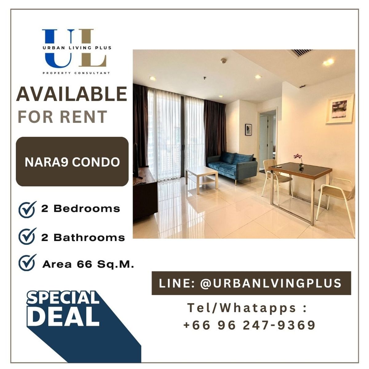 For RentCondoSathorn, Narathiwat : (UL2403254) Tel/Line 096-2479369  FOR RENT!! Nara9 Condo 2 bedrooms, 2 bathrooms, 66 Sq.M. Nice room !!! 🔥🔥🔥