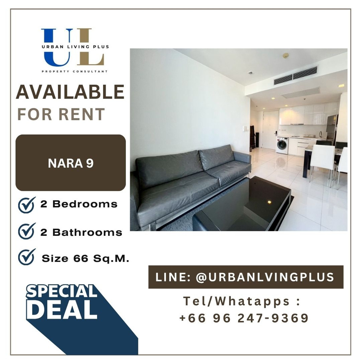 ให้เช่าคอนโดสาทร นราธิวาส : ( UL2603011 ) Tel/Line 096-2479369 !! ให้เช่า นาราไนท์ 2 ห้องนอน 2 ห้องน้ำ ขนาด 66 ตร.ม. ห้องสวย ทิศใต้ ชั้นสูง !!! 🔥🔥🔥