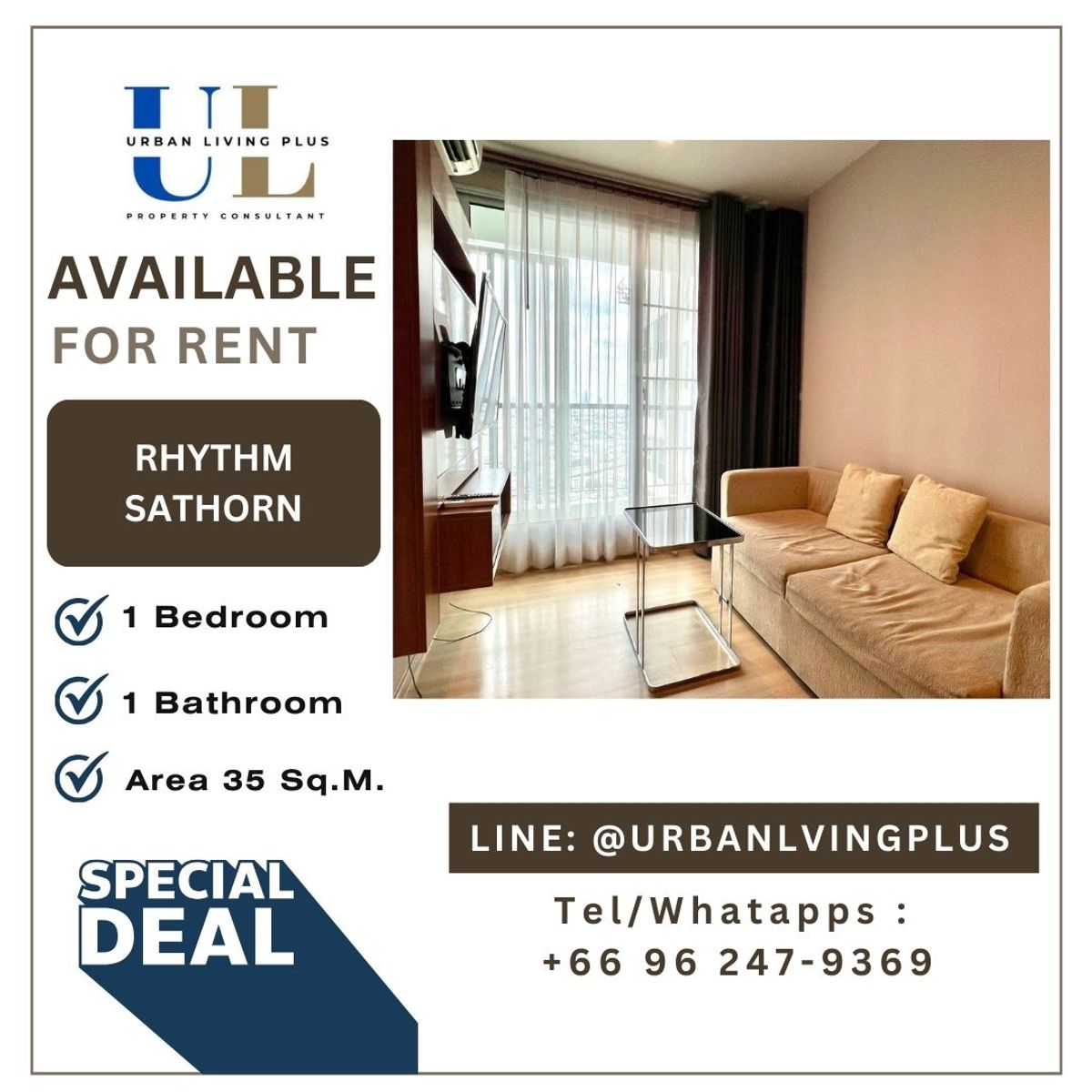 ให้เช่าคอนโดสาทร นราธิวาส : ( UL2409111 ) ✨Tel/Line 096-2479369✨ ให้เช่า Rhythm Sathorn 1 ห้องนอน 1 ห้องน้ำ 35 ตร.ม. ห้องสวย ชั้นสูง  !!!! 🔥🔥