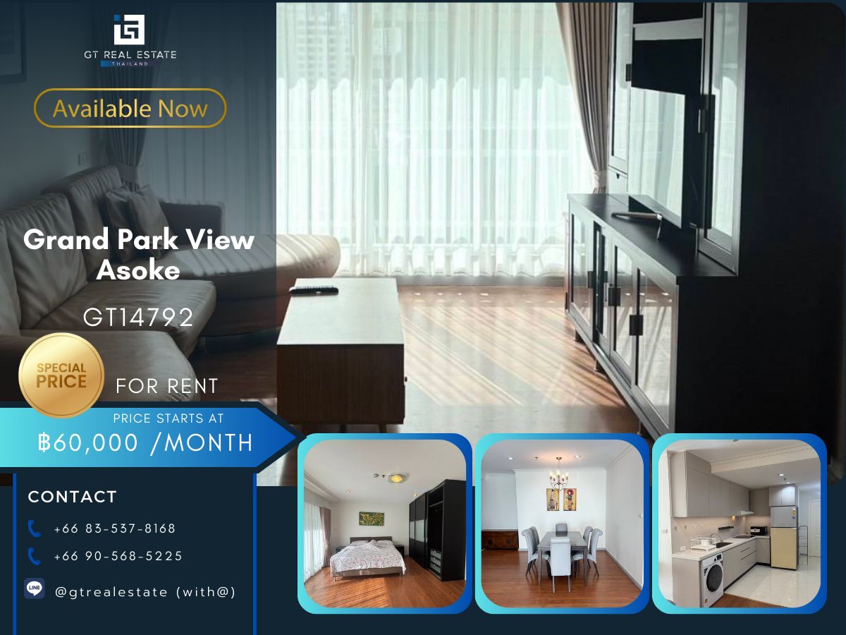 For RentCondoSukhumvit, Asoke, Thonglor : Grand Park View Asoke Condo is convenient to travel near the electric train, both lines, beautiful rooms, complete furniture ready.
