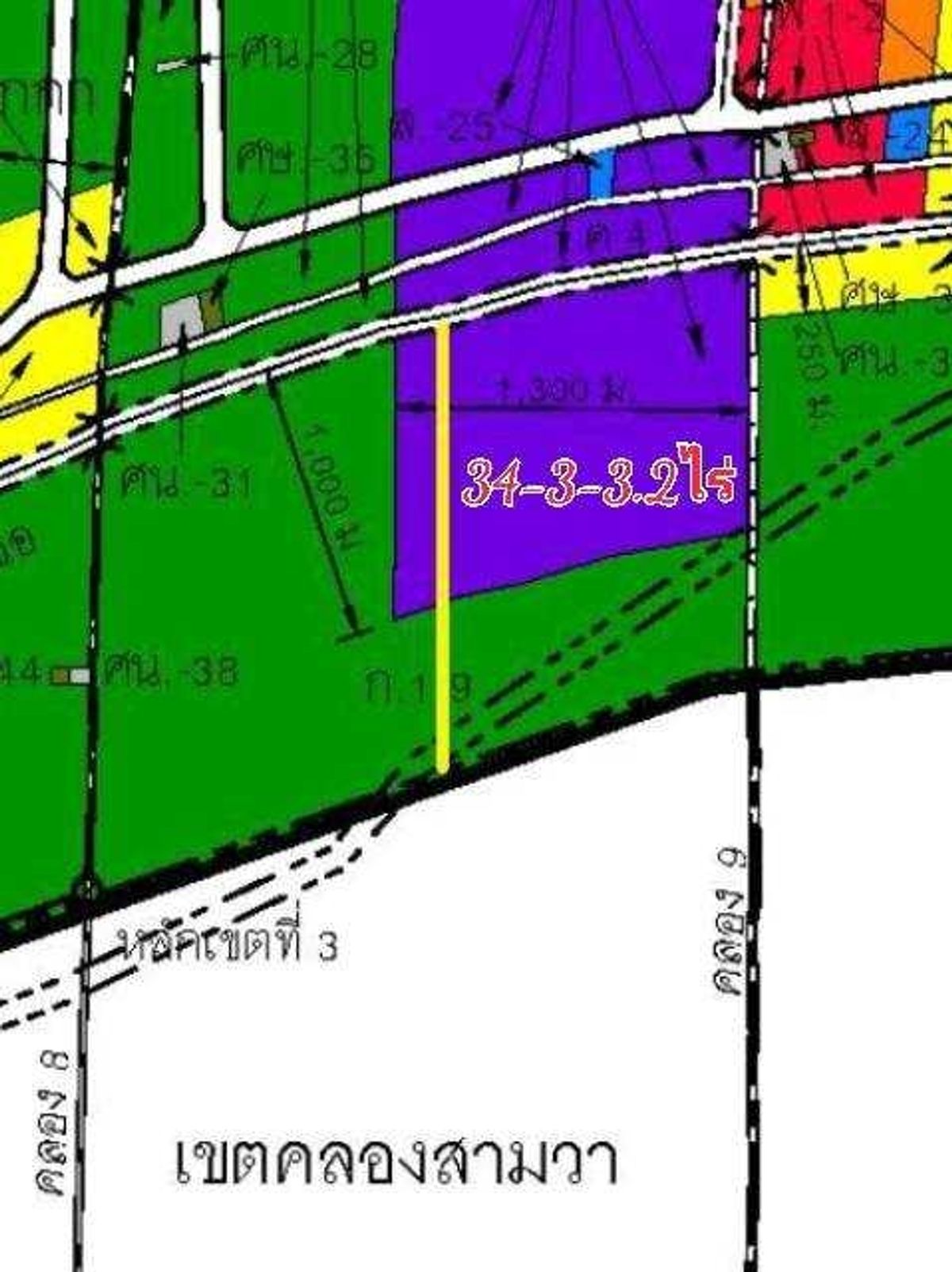 ขายที่ดินปทุมธานี รังสิต ธรรมศาสตร์ : ขายที่ดินเปล่า เป็นพื้นที่สีม่วง (เยื้อง อบต.ลำลูกกา) เหมาะกับการสร้างโรงงาน ขนาด 34-3-3.2 ไร่ ลำลูกกาคอลง 8 ปทุมธานี