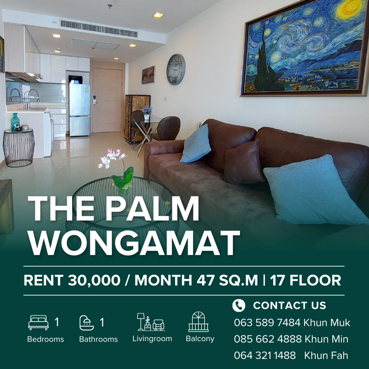 For RentCondoPattaya, Bangsaen, Chonburi : Beachfront Condo for Rent - The Palm Wongamat | 1 Bedroom, 47 SQ.M., 17th Floor | 30,000 THB/Month