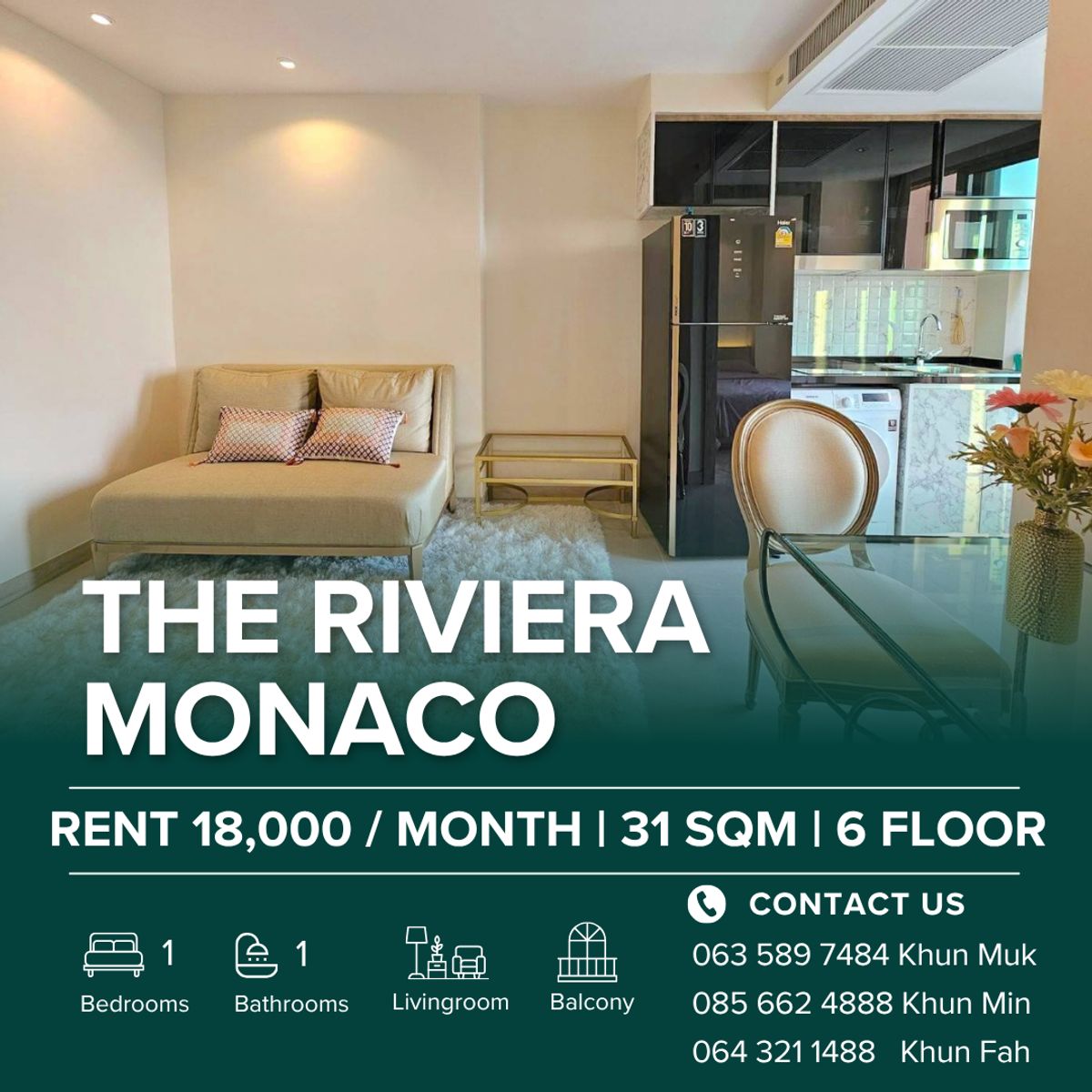 For RentCondoPattaya, Bangsaen, Chonburi : The Riviera Monaco Condo for Rent – 1 Bedroom, 31 SQ.M. | Sea View| 18,000 THB/Month