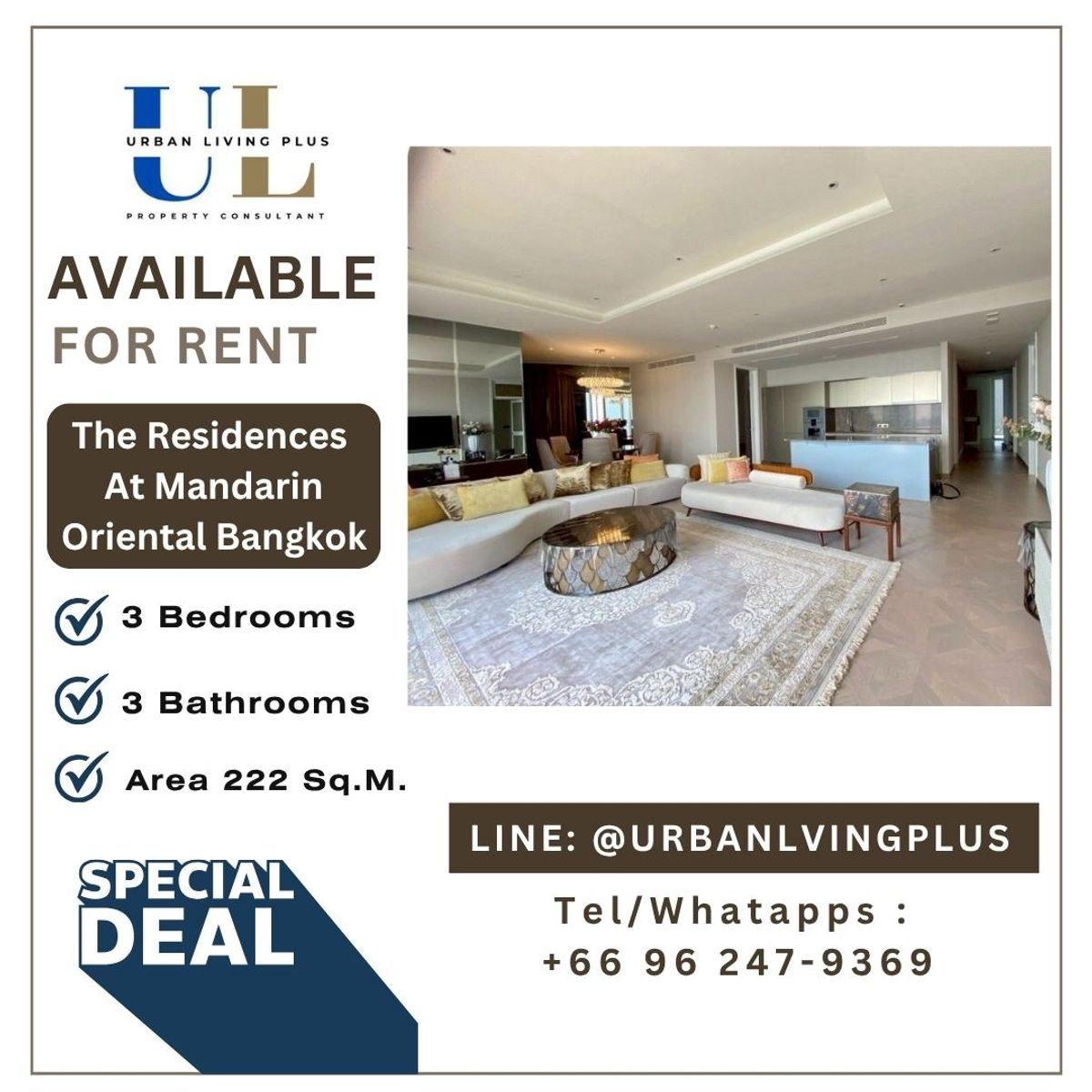 For RentCondoWongwianyai, Charoennakor : ( UL2510074 ) Tel/Line 096-2479369 , FOR RENT The Residences at Mandarin Oriental Bangkok 3 bedrooms, 3 bathrooms, Size 222 Sq.M. High floor, furnished, ready to move in