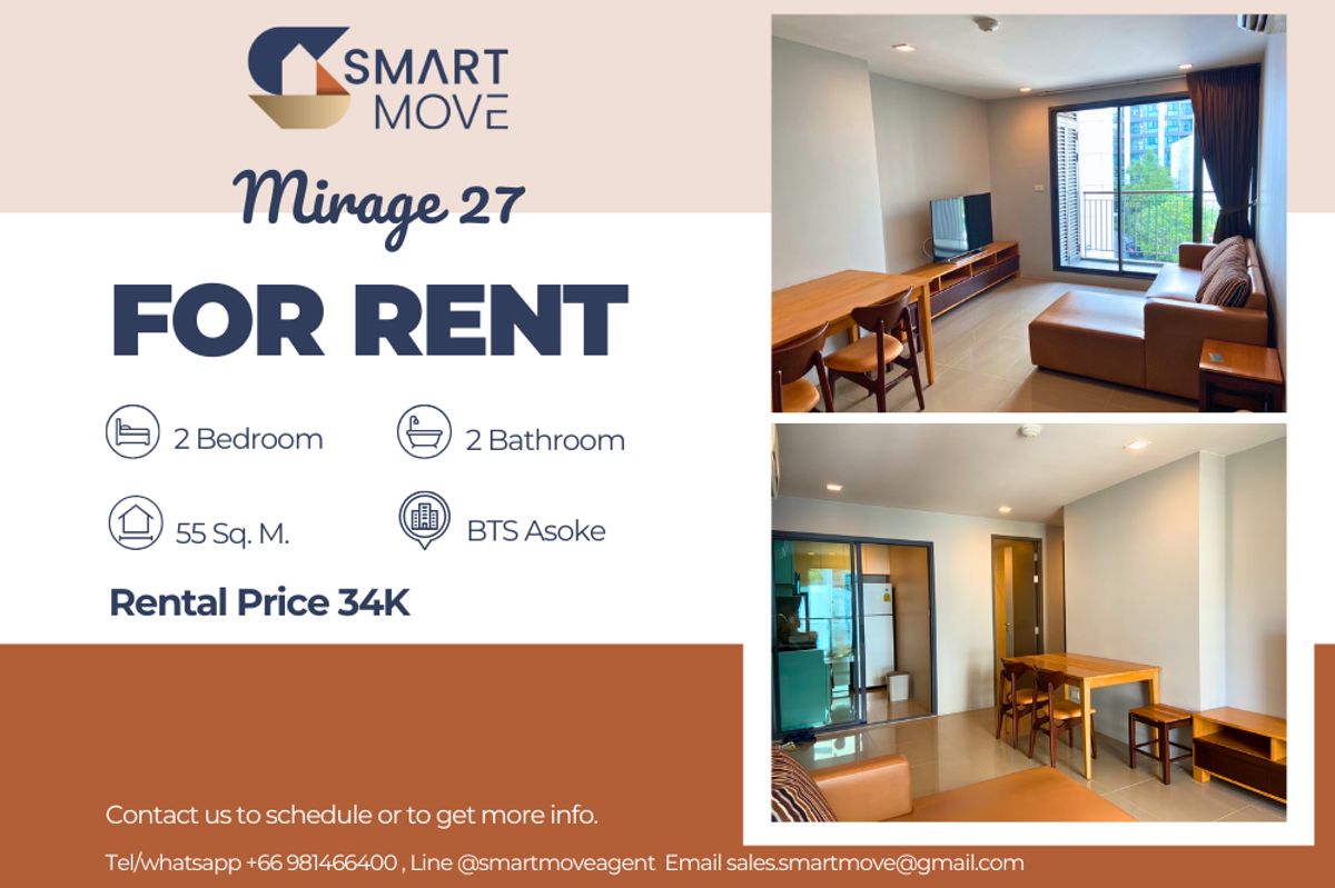 For RentCondoSukhumvit, Asoke, Thonglor : 🔥 For Rent !! Prime area, There is a bathtub, Closed kitchen!! 🔥 Code C20251000016..........Mirage 27, 2 bedroom, 2 bathroom, furnished, ready to move in 📣📣