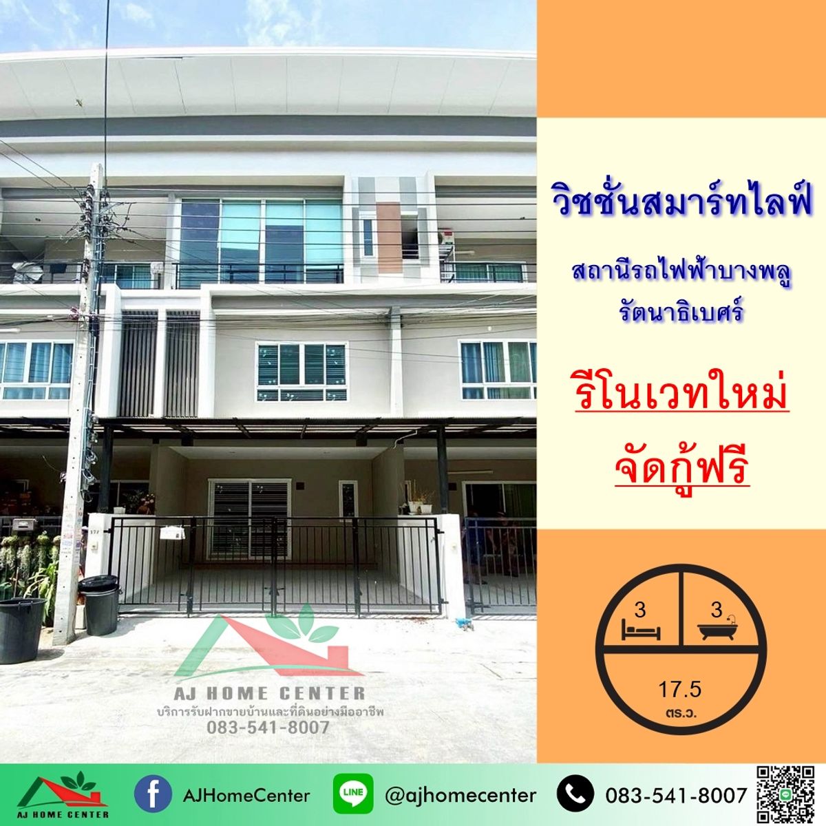 For SaleTownhomeNonthaburi, Bang Yai, Bangbuathong : Selling cheap 3.09 million 3-story townhome, 17.5 sq m., Vision Smart Life Village. Bang Phlu-Rattanathibet BTS Station newly renovated