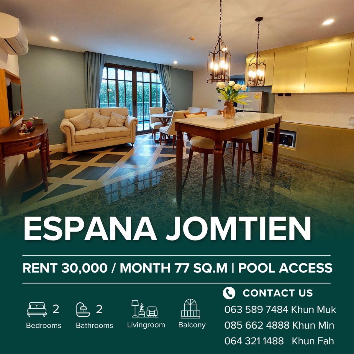 For RentCondoPattaya, Bangsaen, Chonburi : 🏖 Espana Condo Resort Pattaya | 2 Bedroom Pool Access | For Rent 30,000฿/Month | Jomtien Second Road