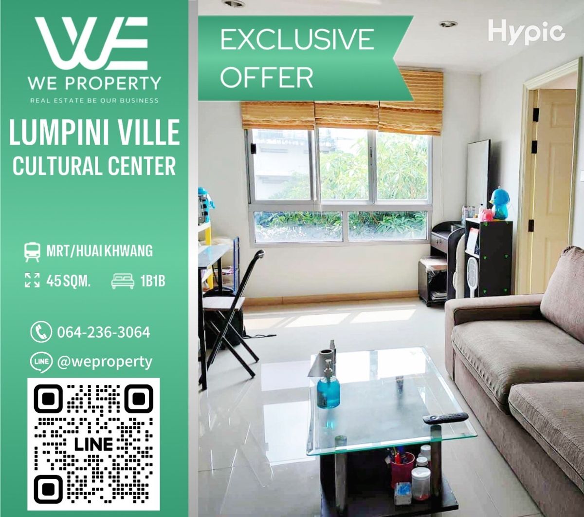 For SaleCondoRatchadapisek, Huaikwang, Suttisan : Large corner room, never rented out. Fully furnished, best price!!⭐Lumpini Ville Cultural Center