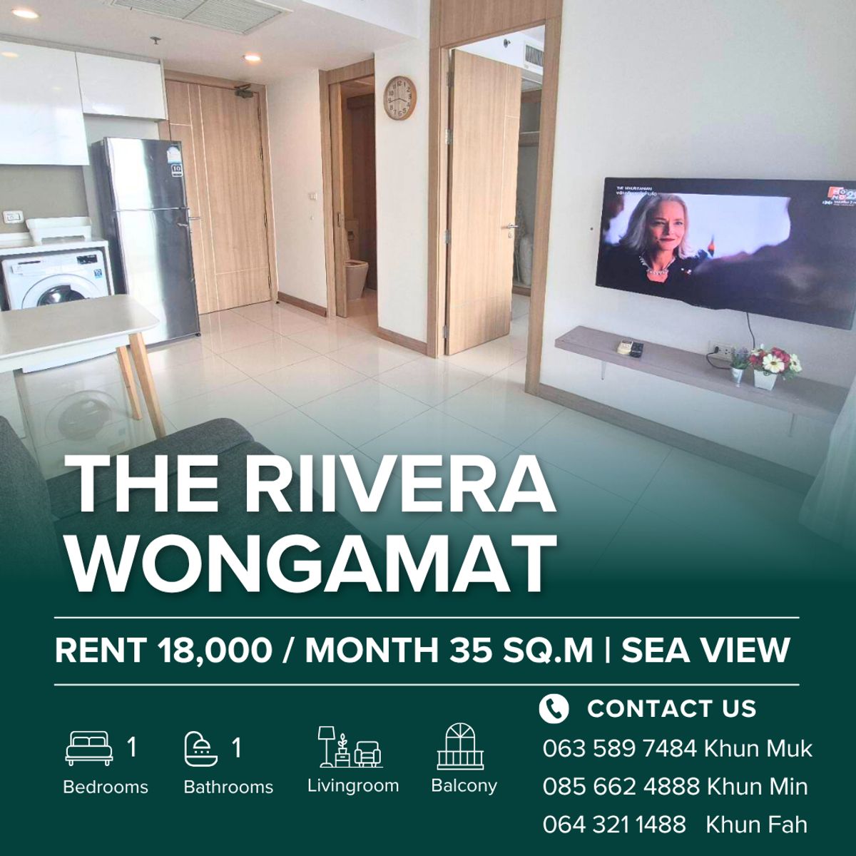ให้เช่าคอนโดพัทยา บางแสน ชลบุรี สัตหีบ : 🔥 For Rent – The Riviera Wongamat Condo, Pattaya 🔥 💰 18,000 THB/month | 35 SQ.M. | 16th Floor | sea View 🌊