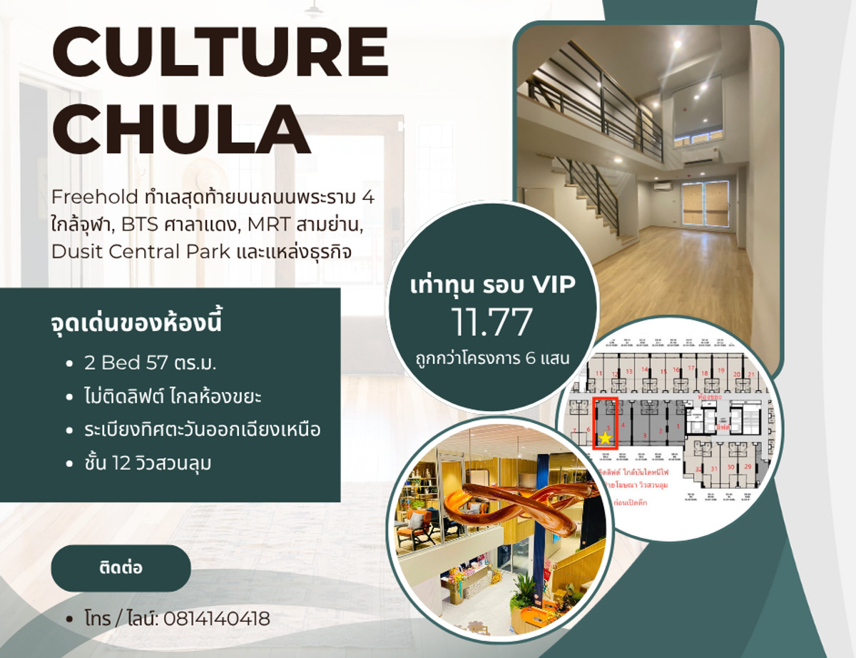 Sale DownCondoSiam Paragon ,Chulalongkorn,Samyan : [Owner Post equal to cost until only 24 October] New condo for sale, Culture Chula | 2-story room, no elevator, far from garbage room, not hot direction, Lumpini Park view.