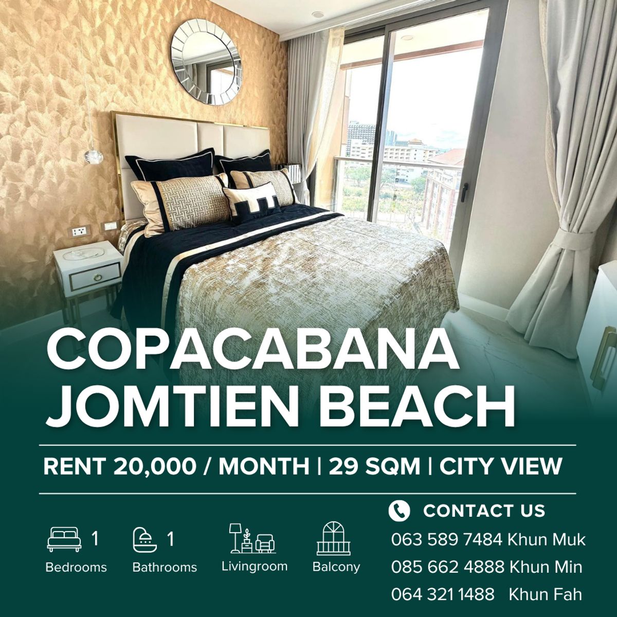 ให้เช่าคอนโดพัทยา บางแสน ชลบุรี สัตหีบ : 🔥 Copacabana Beach Condo Pattaya | Rent Only 20,000 THB/Month | 29 sqm | 1 bedroom | city & sea view 🌴🌊