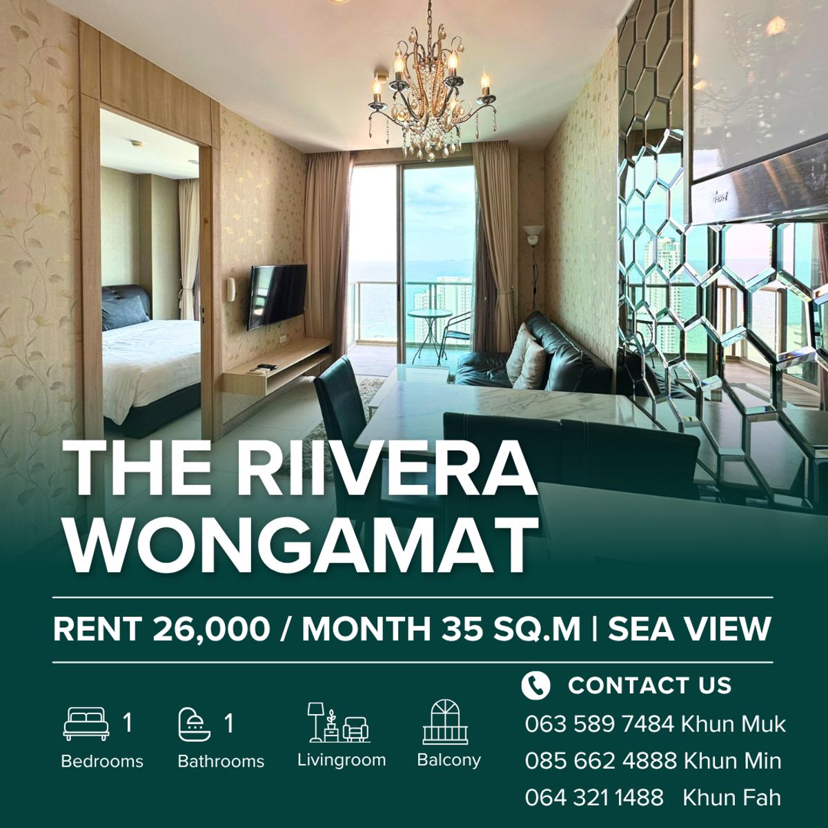 For RentCondoPattaya, Bangsaen, Chonburi : 🔥 High-Floor Sea View Condo for Rent in Pattaya | The Riviera Wongamat | 26,000 THB |1 bedroom |35 sqm.