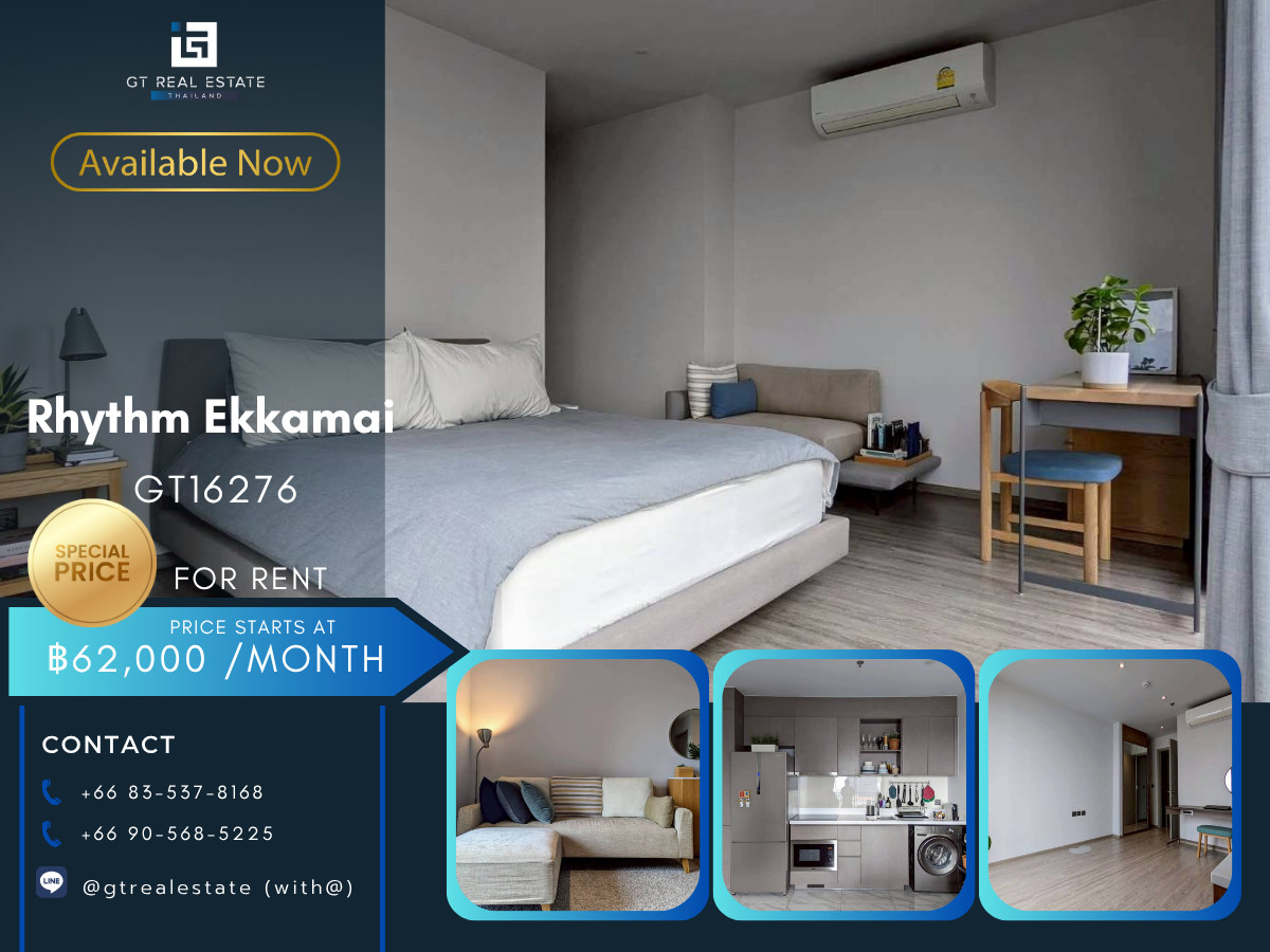 ให้เช่าคอนโดสุขุมวิท อโศก ทองหล่อ : ✨ GT16276  | คอนโด Rhythm Ekkamai เดินทางสะดวก ใกล้รถไฟฟ้าบีทีเอส ห้องแต่งสวย เฟอร์นิเจอร์ครบ พร้อมอยู่ทันที!!