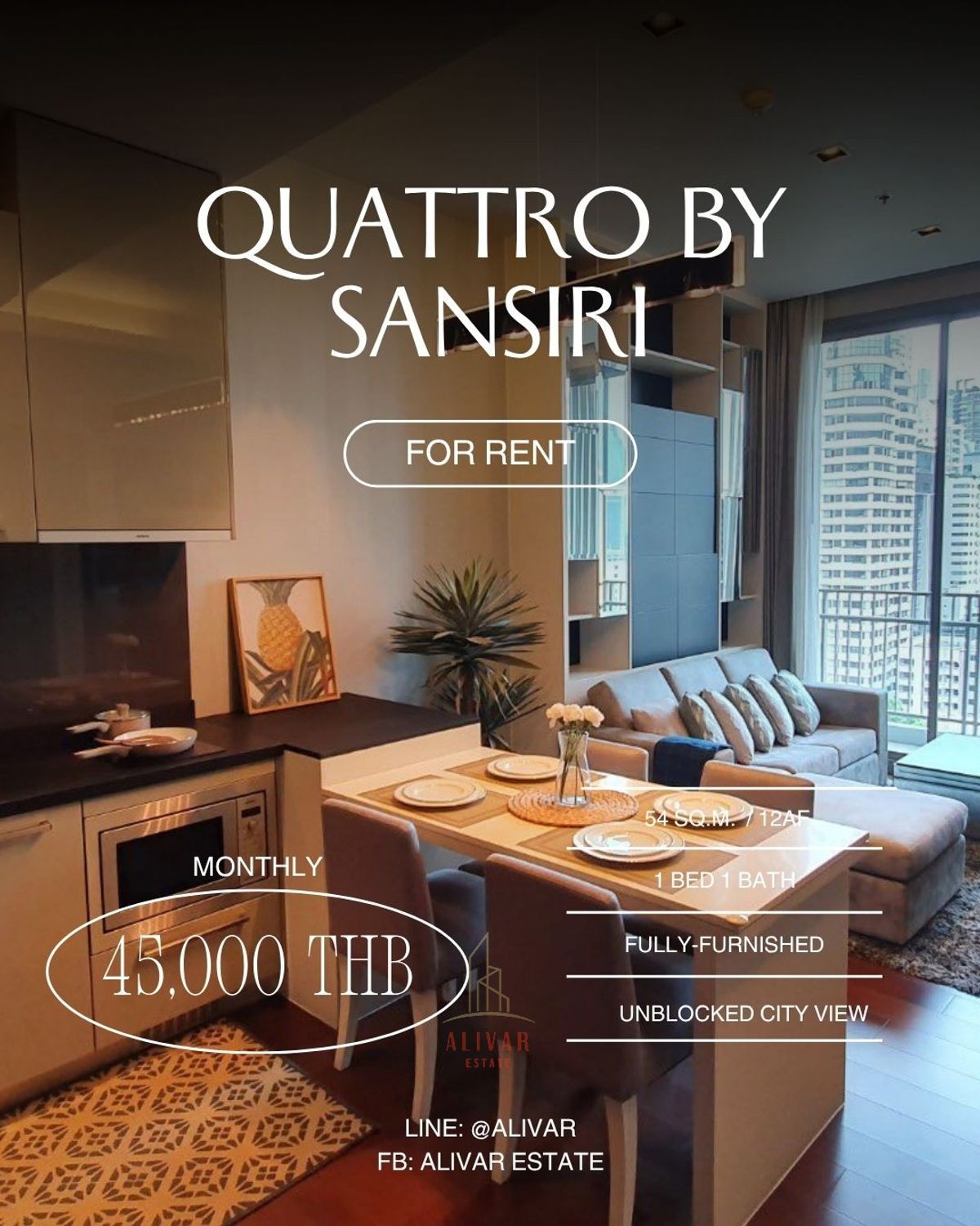ให้เช่าคอนโดสุขุมวิท อโศก ทองหล่อ : RC103525 Condo fully-Furnished for rent at QUATTRO BY SANSIRI ใกล้ BTS ทองหล่อ
