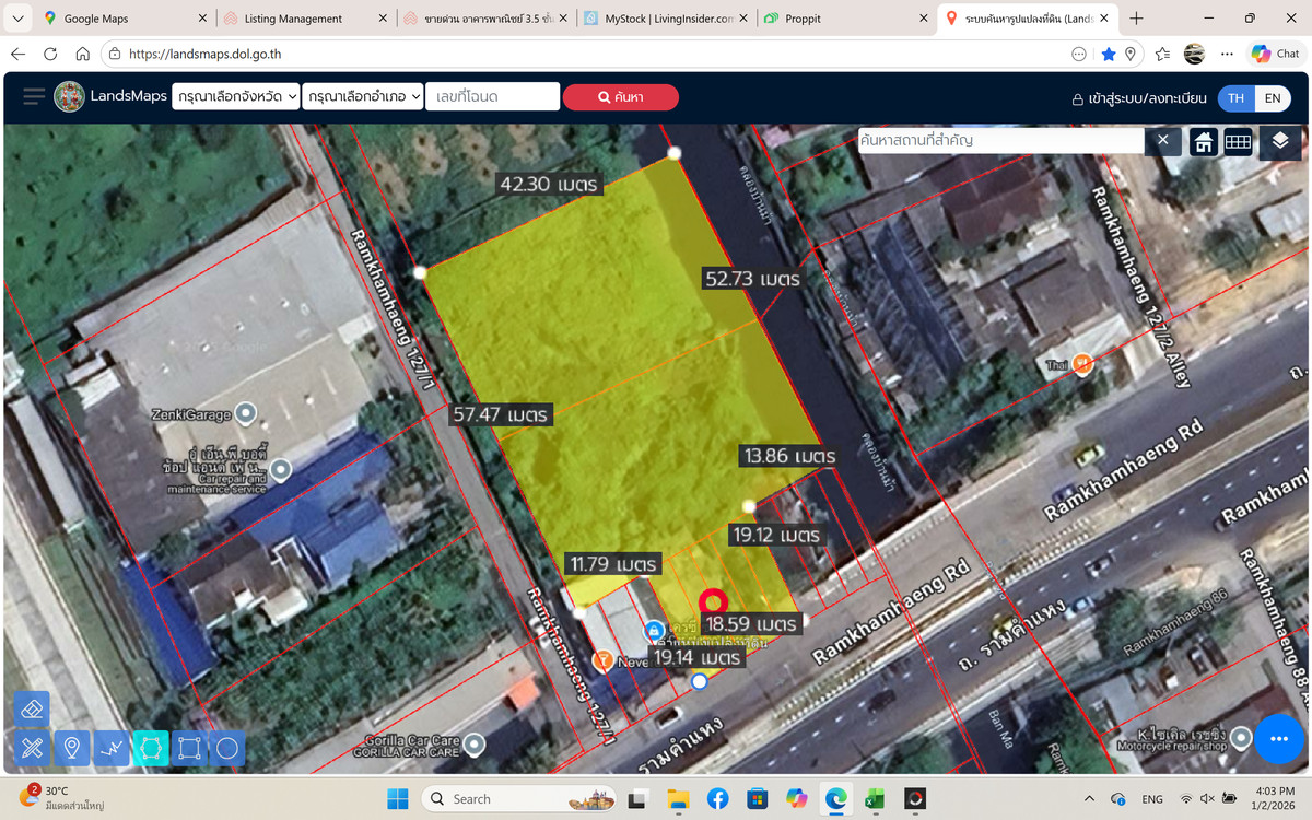 For SaleLandSeri Thai, Ramkhamhaeng Nida : Land for sale, 1-3-6 rai, next to Ramkhamhaeng Road, Only 120 m. to Paseo Ramkhamhaeng, Only 200 m. to Orange Line Station (Khlong Ban Ma Station, in front of Paseo Mall)