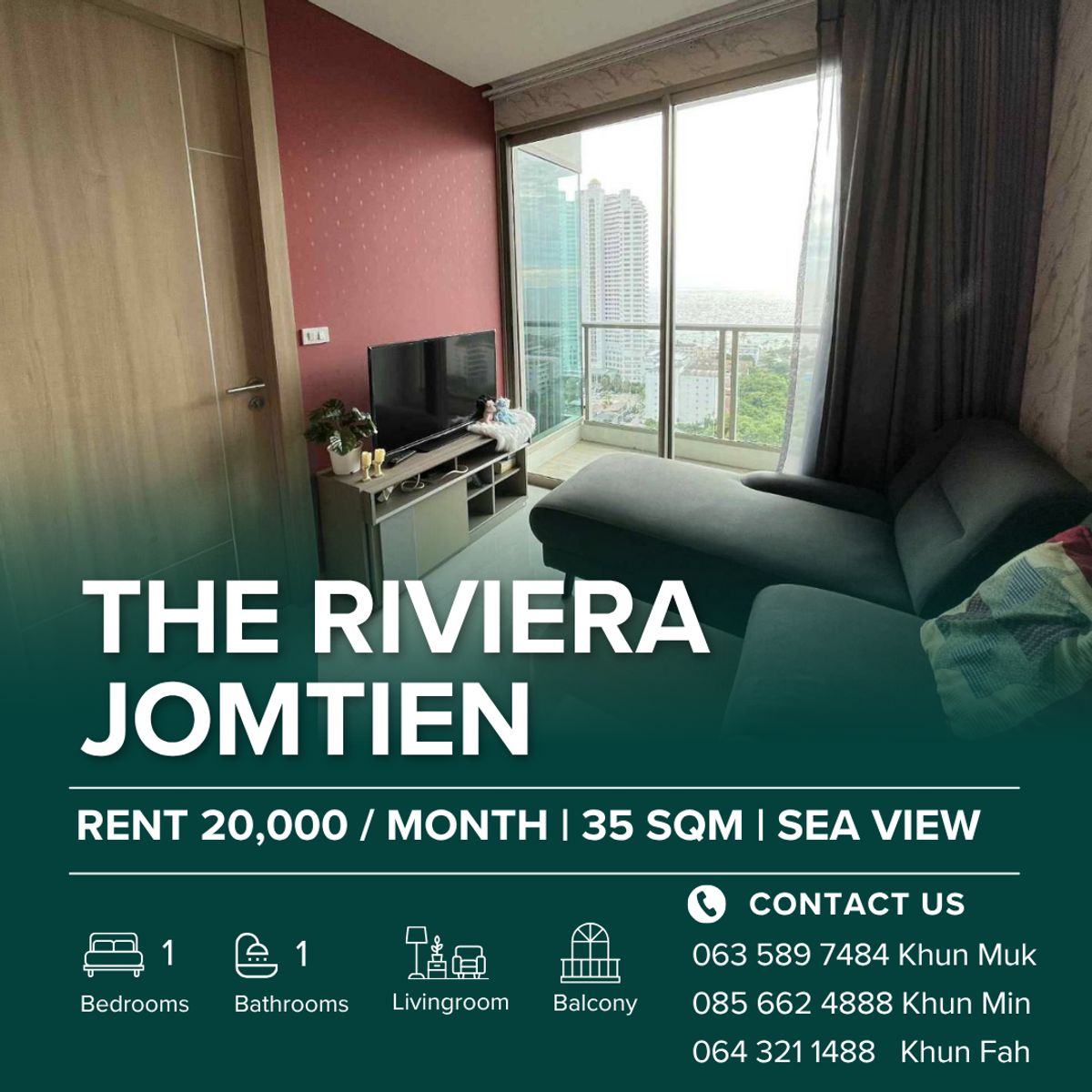 For RentCondoPattaya, Bangsaen, Chonburi : 🔥 The Riviera Jomtien – Sea View Condo for Rent! 🌊 💰 Only 20,000฿/Month | 1 Bedroom | 22nd Floor | 35 SQ.M