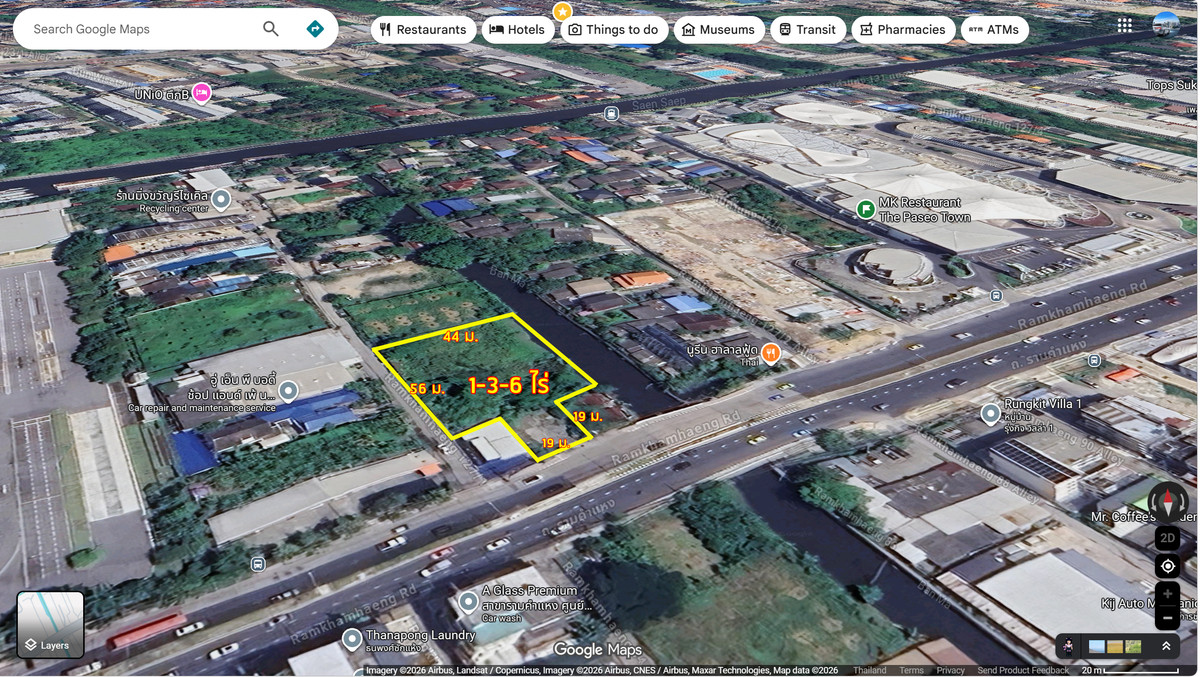 For SaleLandSeri Thai, Ramkhamhaeng Nida : Land for sale, 1-3-6 rai, next to Ramkhamhaeng Road, Only 120 m. to Paseo Ramkhamhaeng, Only 200 m. to Orange Line Station (Khlong Ban Ma Station, in front of Paseo Mall)