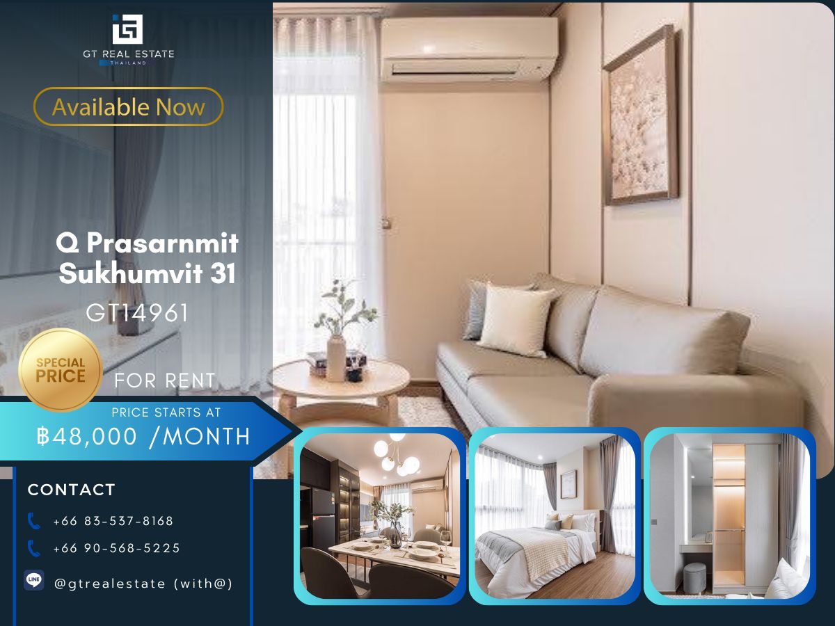 For RentCondoSukhumvit, Asoke, Thonglor : Condo Q Prasarnmit Sukhumvit 31, convenient travel, suitable for students, beautifully decorated room, fully furnished, ready to move in!!