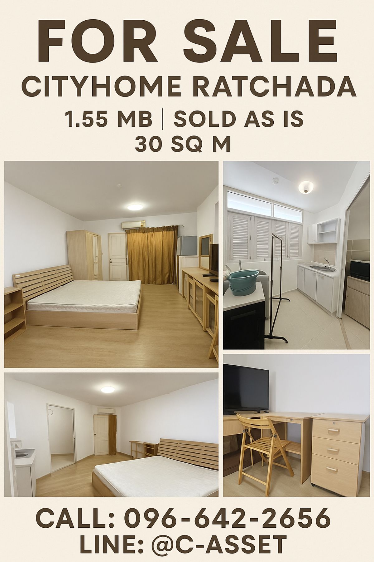 For SaleCondoRatchadapisek, Huaikwang, Suttisan : 🏙️ Condo for sale City Home Ratchada – warm, nice room 📏 size 30 sq m. 💰 price only 1.55 million baht (sold according to condition)