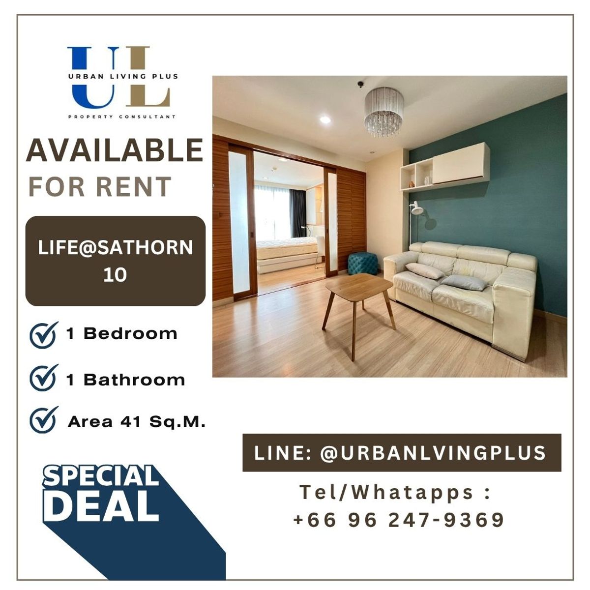 ให้เช่าคอนโดสาทร นราธิวาส : ( UL2507024 ) Tel/Line 096-2479369, ให้เช่า ไลฟ์ แอท สาทร10 , 1 ห้องนอน, 1 ห้องน้ำ, ขนาด 41 ตร.ม. ห้องสวย , พร้อมอยู่, ราคาพิเศษ!!