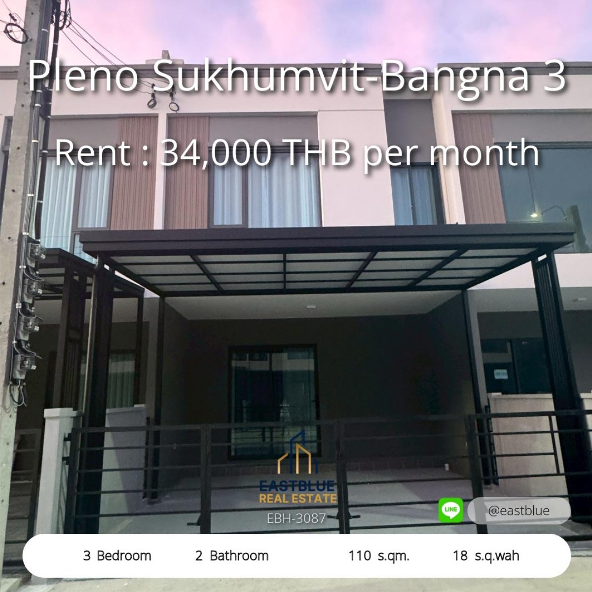 ให้เช่าทาวน์โฮมบางนา แบริ่ง ลาซาล : 28/02/2026, บ้านเดี่ยว 3 ห้องนอน ใกล้สุขุมวิท-บางนา เดินทางสะดวก 
Pleno Sukhumvit-Bangna 3 พร้อมให้เช่า 35,000 บาท/เดือน