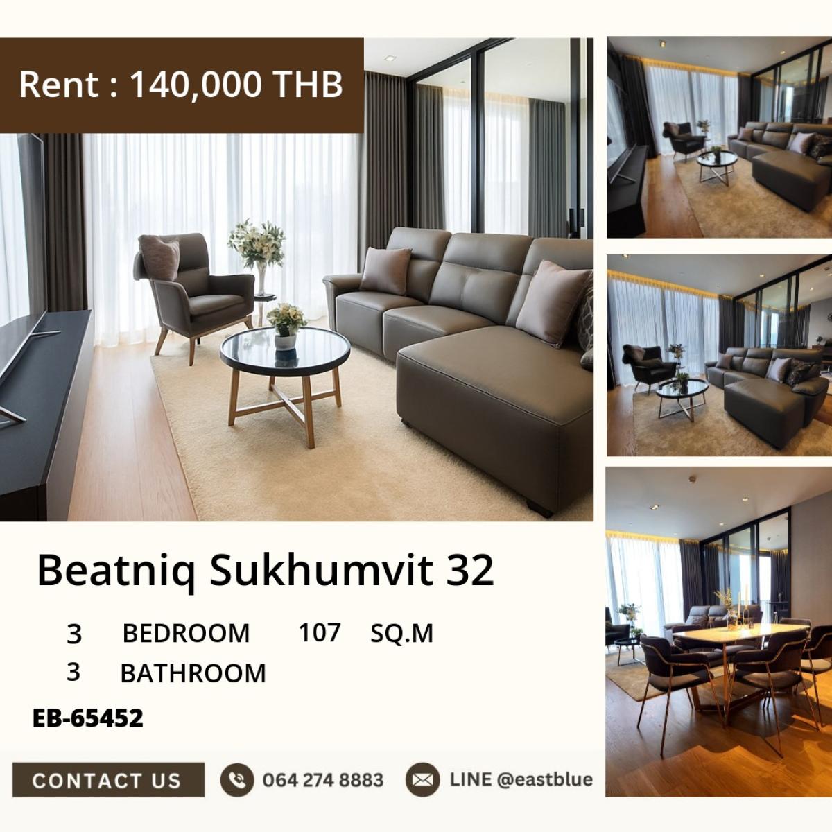 For SaleCondoSukhumvit, Asoke, Thonglor : Luxury at its finest in the heart of Thonglor!
3 bedrooms + 3 bathrooms, 107 sq.m. ready to move in at Beatniq Sukhumvit 32