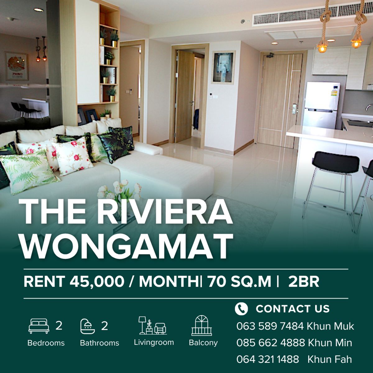 ให้เช่าคอนโดพัทยา บางแสน ชลบุรี สัตหีบ : 🌅 For Rent  Sea View Condo Pattaya | The Riviera Wongamat | 2 Bedroom 70 SQ.M. | 45K/ month