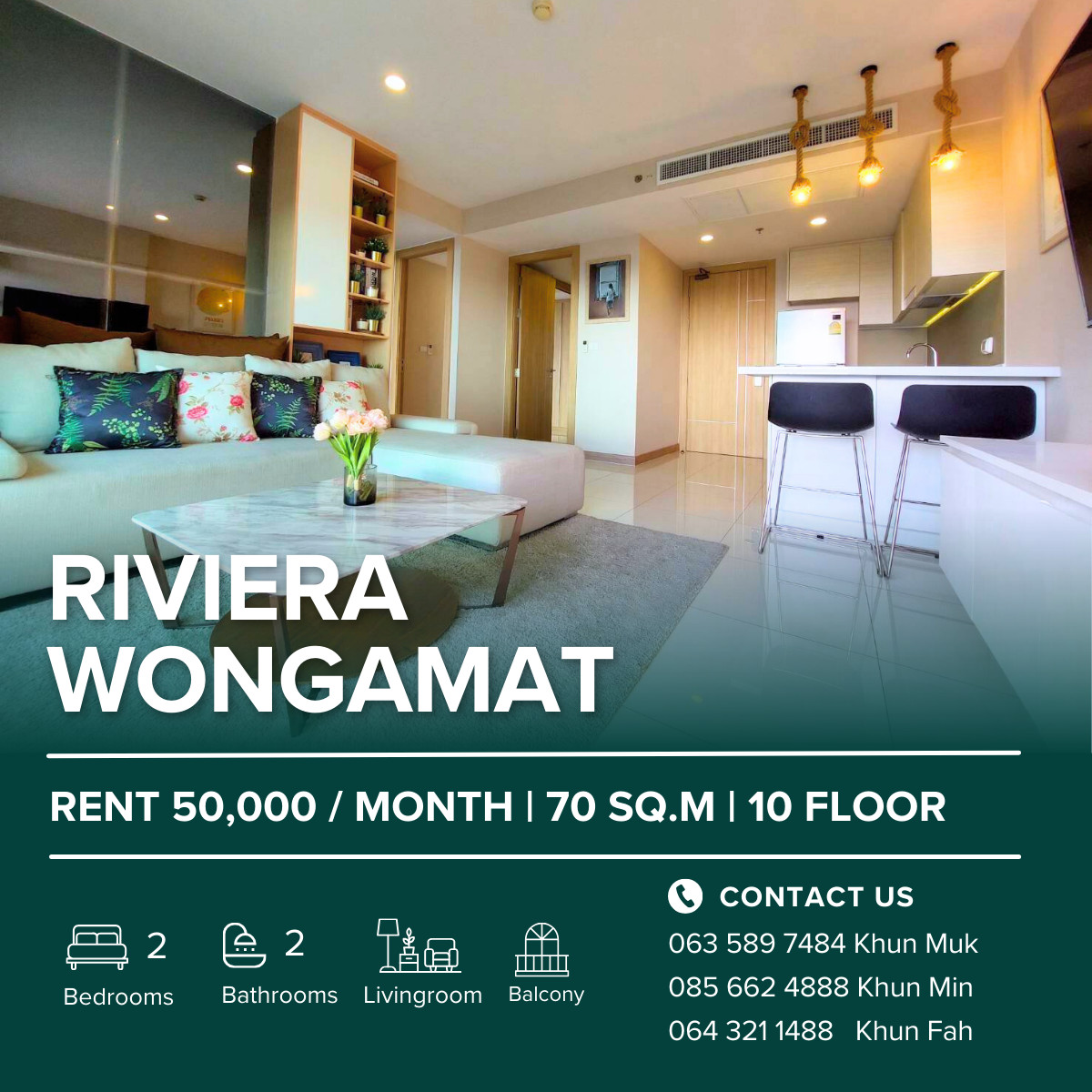 For RentCondoPattaya, Bangsaen, Chonburi : 🌅 For Rent  Sea View Condo Pattaya | The Riviera Wongamat | 2 Bedroom 70 SQ.M. | 50K/ month
