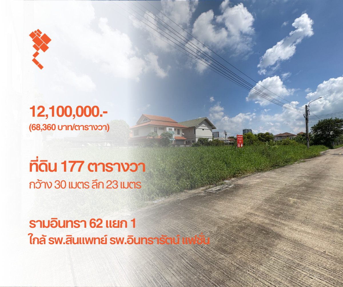 ขายที่ดินนวมินทร์ รามอินทรา : [26 ธันวาคม 2568] ที่ดิน 177 ตารางวา, รามอินทรา 62 แยก 1, ใกล้ รพ.สินแพทย์ แฟชั่น, กว้าง 30 เมตร ลึก 23 เมตร, 12,100,000.- (68,360 บาท/ตารางวา)